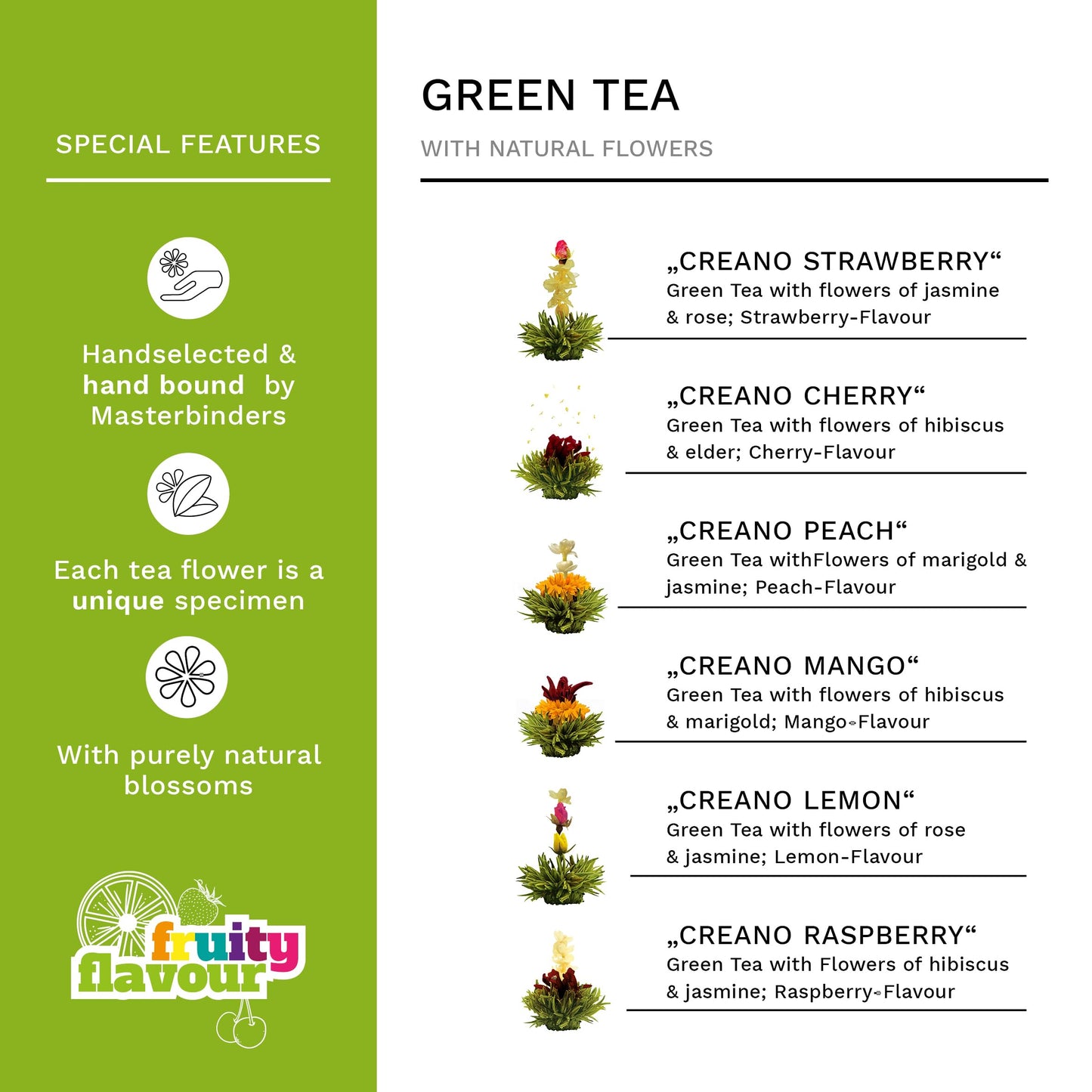 Creano Blooming Tea Gift Set With Glass Teapot 17Oz (500Ml) - Green Tea Fruity Flavoured Tea Flowers In 6 Varieties - Flowering