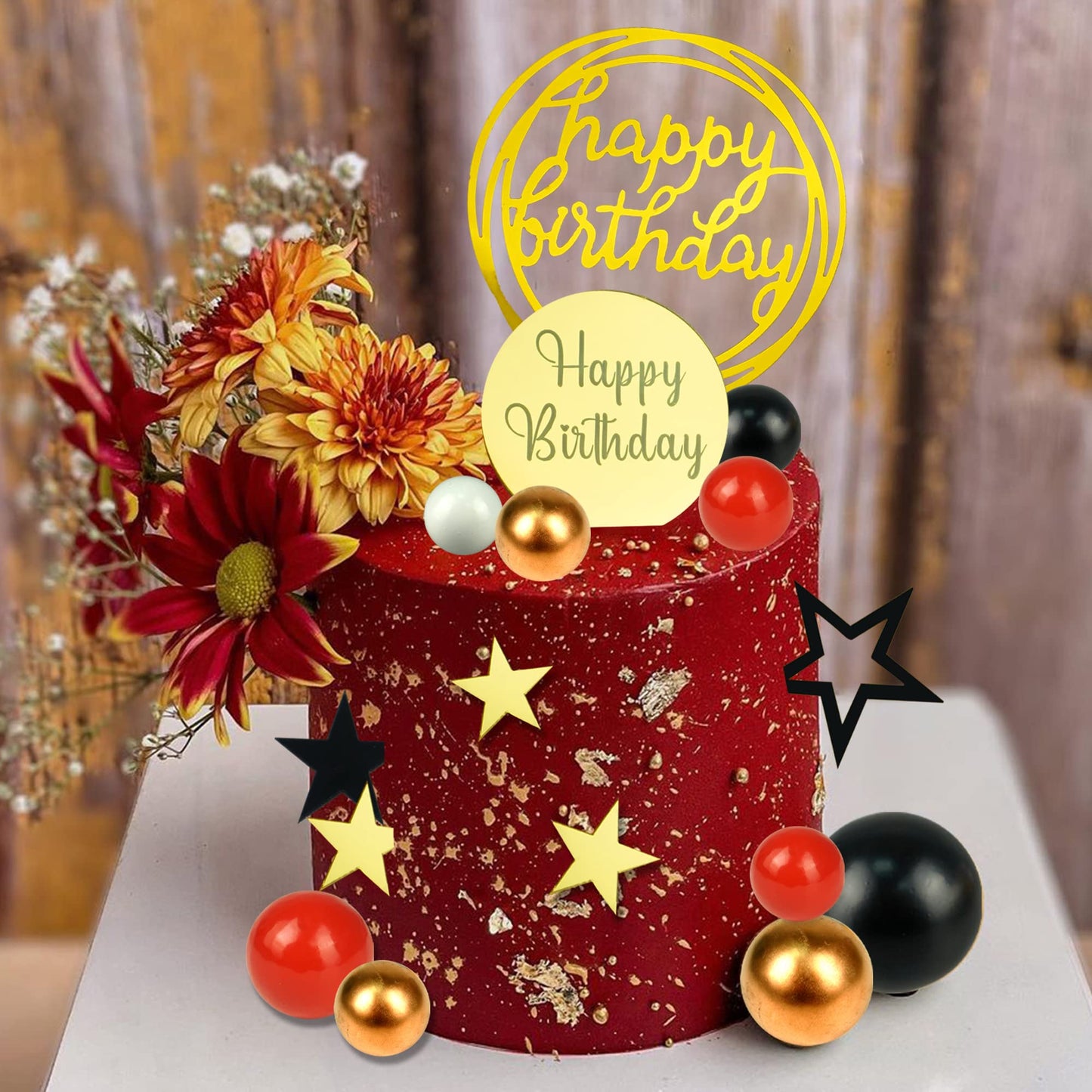 Black Red Gold White Ball Cake Toppers Set, Acrylic Birthday Cake Toppers Star Cake Toppers Mirror Cupcake Topper Ball Shaped Ca