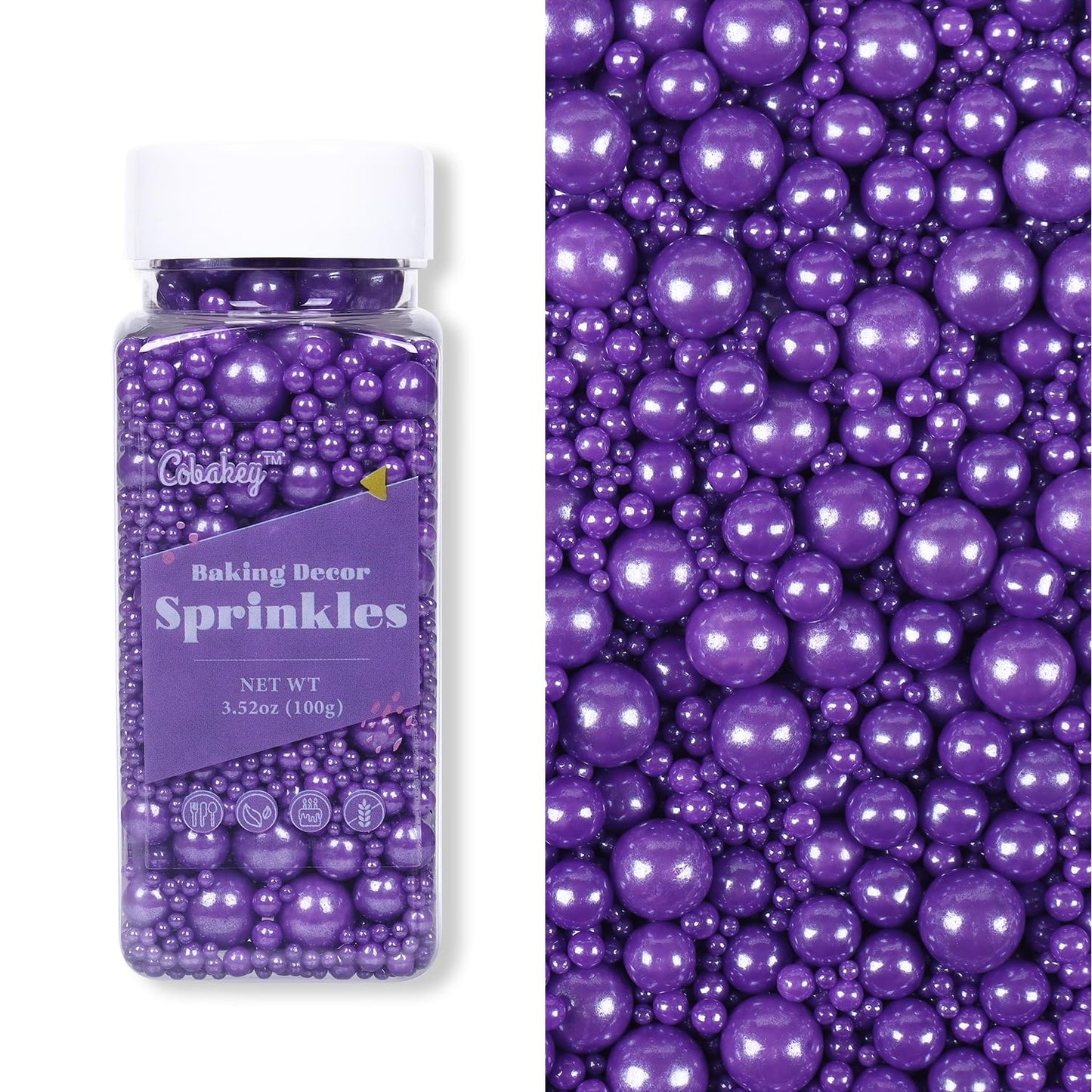 Cobakey Purple Sprinkles For Cake Decorations 3.52 Ounce Edible Pearl Sugar Sprinkles For Cupcake Toppers Wedding Party Valentin