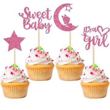 36 Pcs Sweet Baby Girl Cupcake Toppers With Moon Glitter Star It'S A Girl Baby Shower Cupcake Picks Gender Reveal Kids Girls Bir