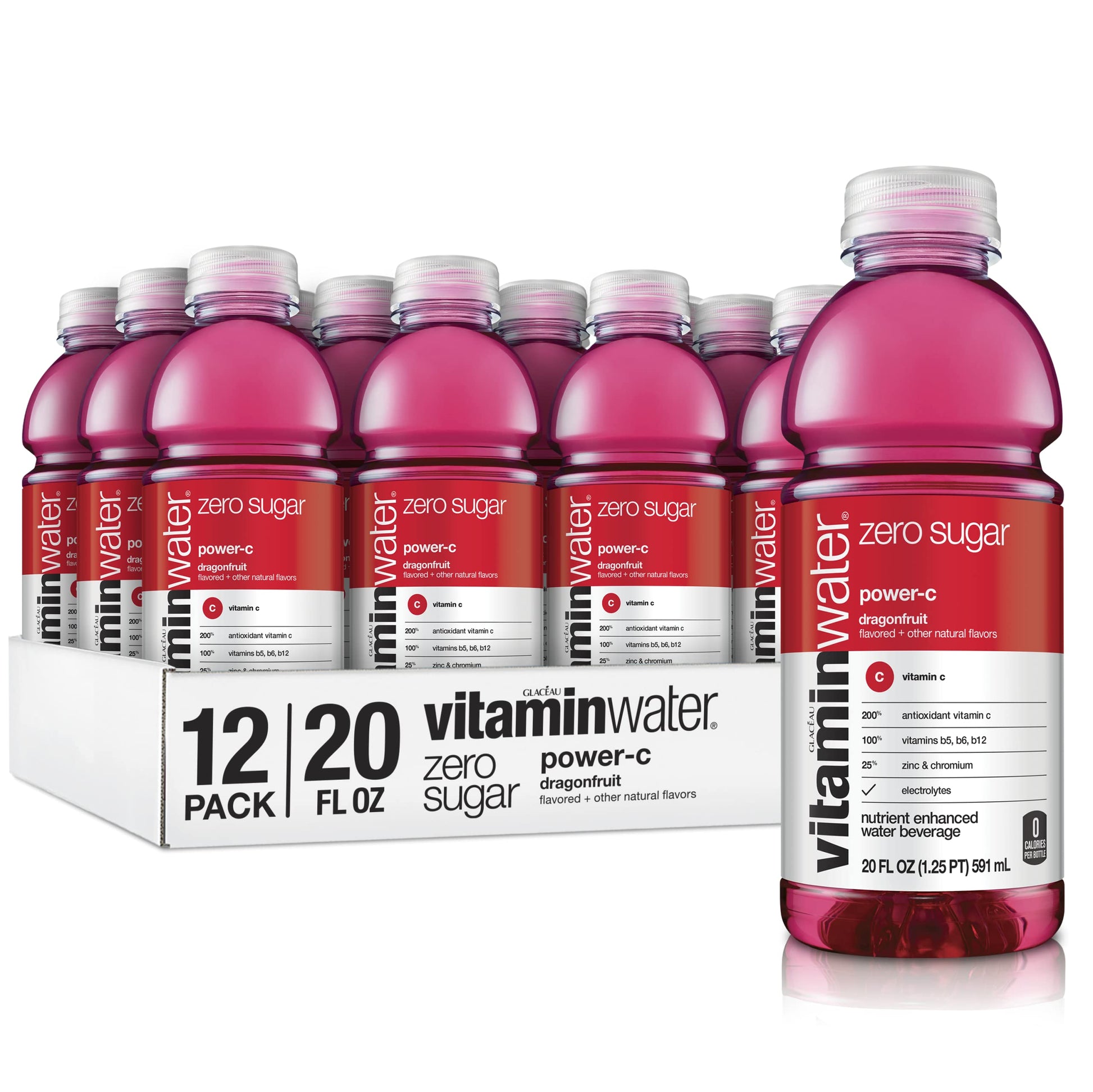 GLACEAU vitaminwater Zero Sugar Power-C, Electrolyte Enhanced, Dragonfruit, 20 Fl Oz (Pack of 12)