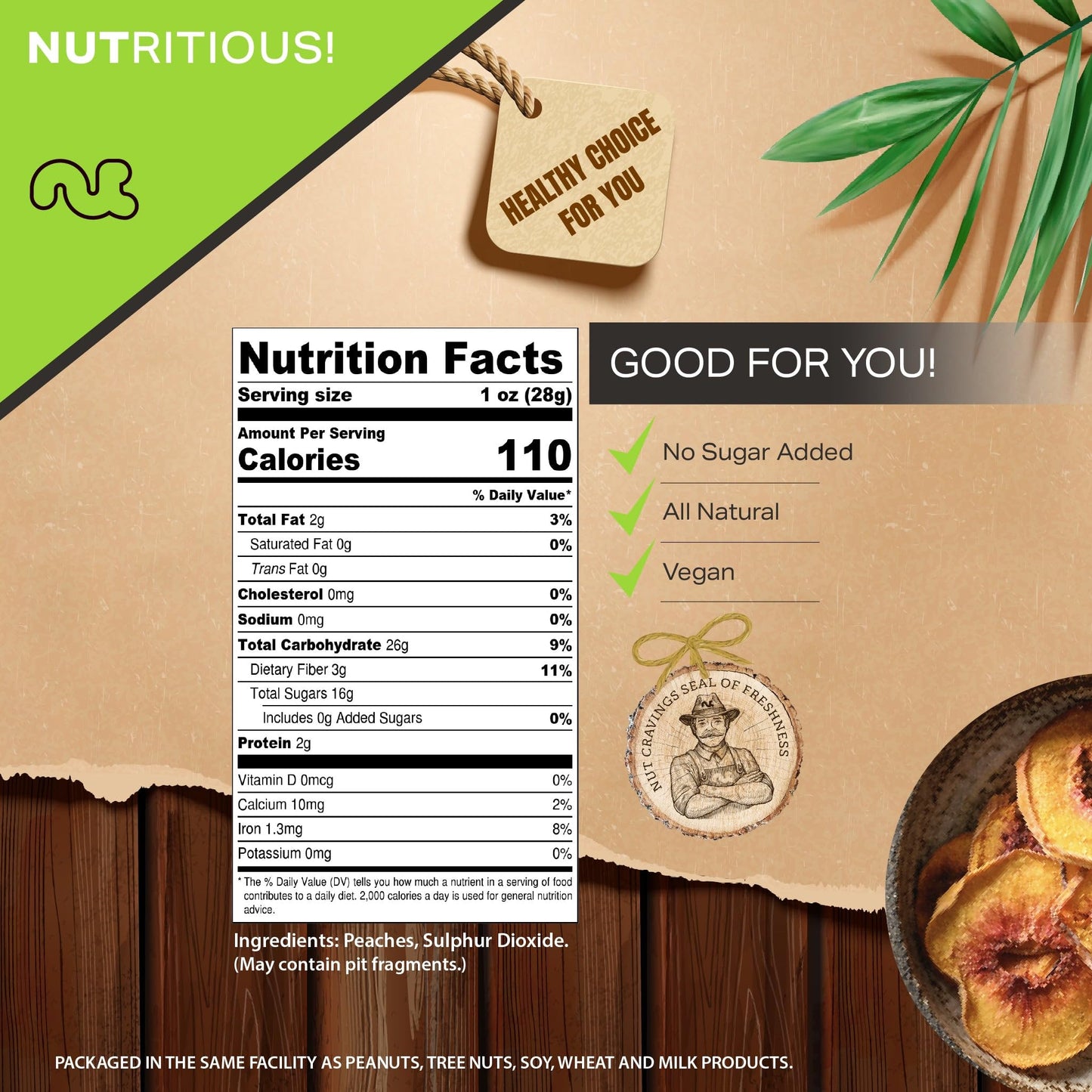 Nut Cravings Dry Fruits - Sun Dried California Peaches, No Sugar Added (8Oz - 1 Pack) Packed Fresh In Resealable Bag - Sweet Sna
