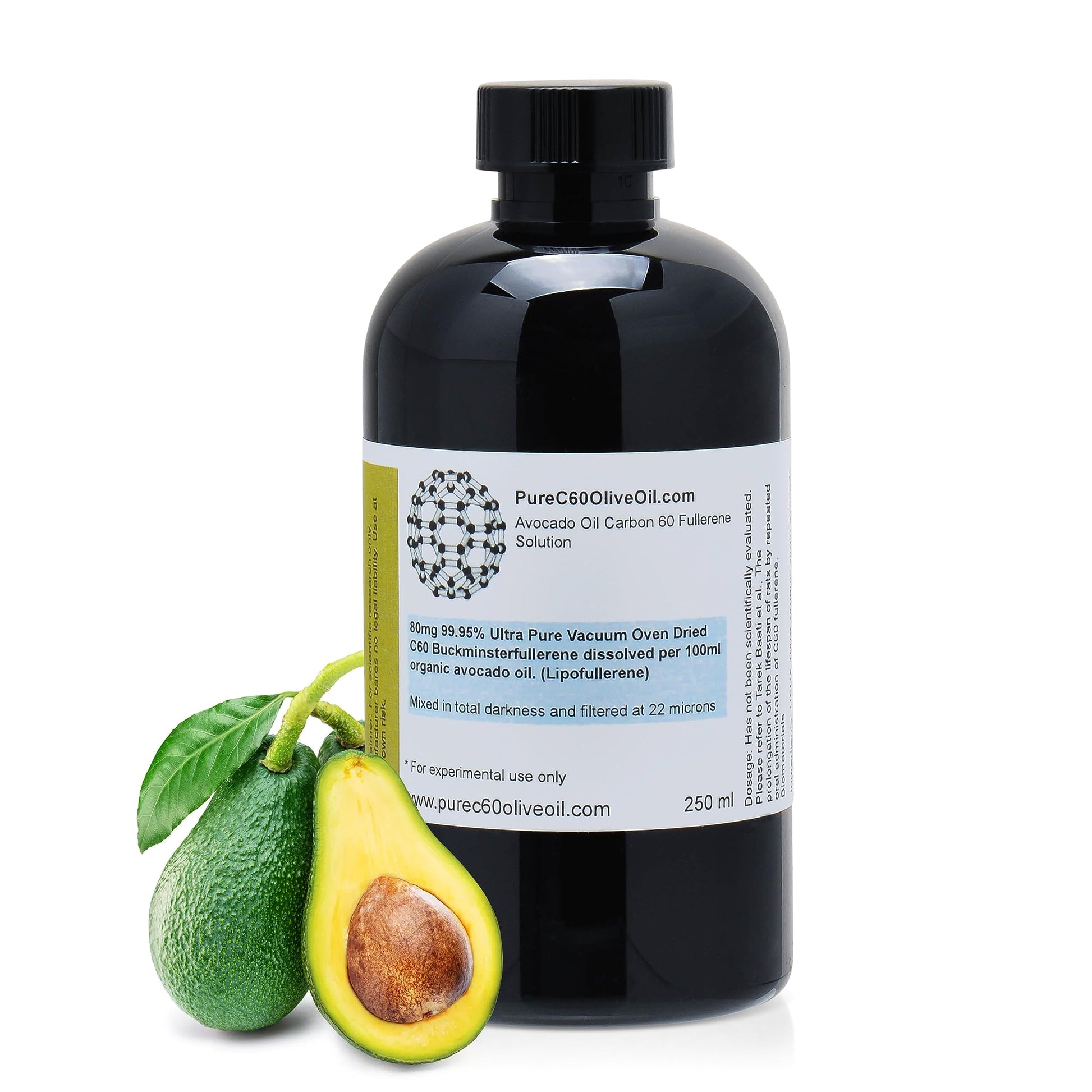PureC60OliveOil Avocado Oil - 99.95% Carbon 60, Food Grade, 250ml / 8.5 Fl Oz, Plastic Bottle