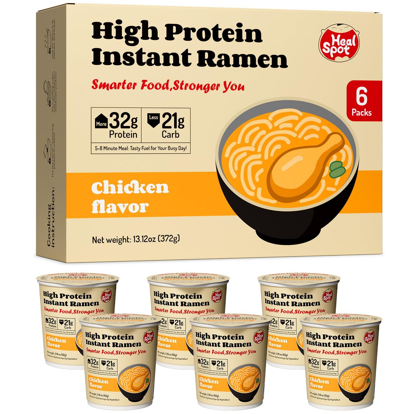 Healspot High Protein Instant Ramen, Chicken Flavor, 32g Protein, Low Fat, Keto Friendly, 2.19 oz (Pack of 6)
