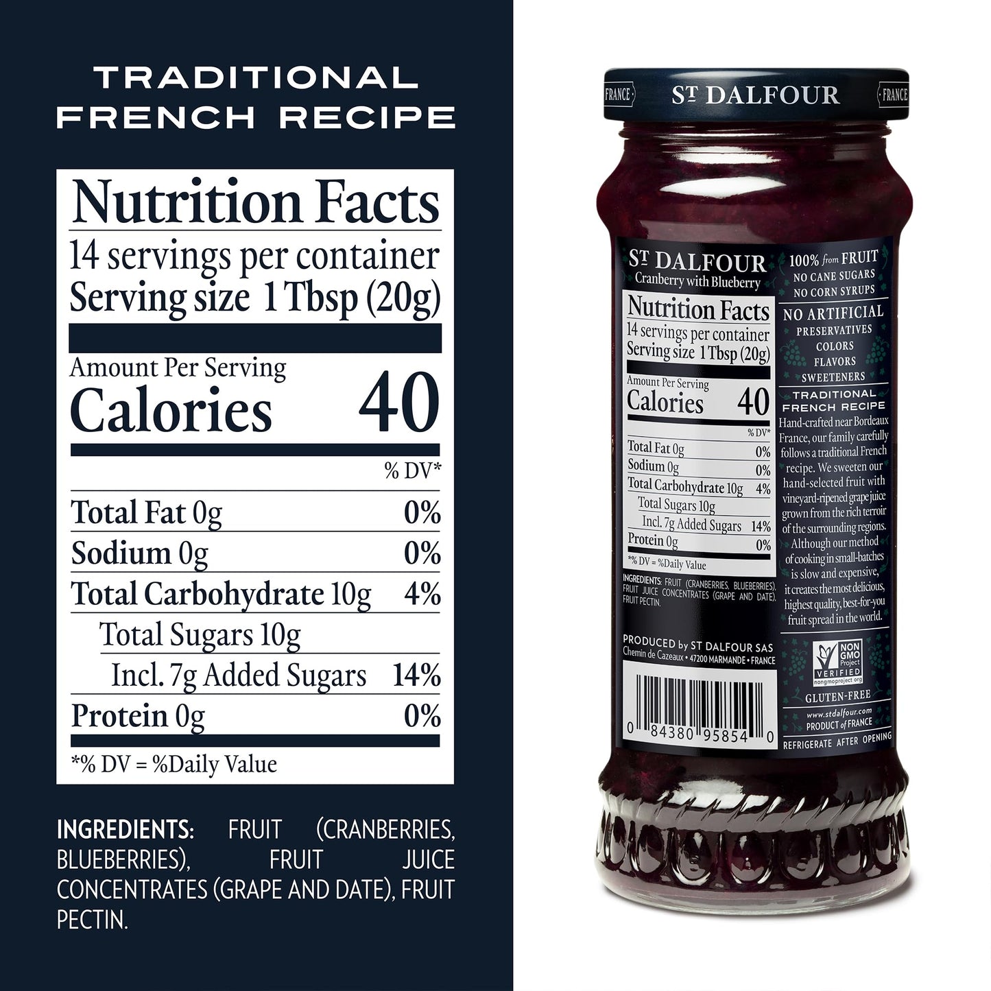 St. Dalfour Cranberry With Blueberry Fruit Spread - 10Oz - 100% From Fruit, No Artificial Ingredients, Non-Gmo, No Cane Sugars,