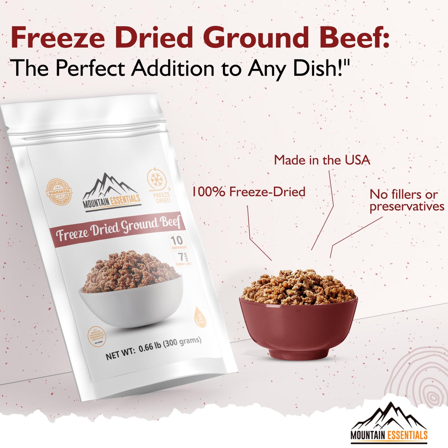 Mountain Essentials Freeze-Dried Ground Beef – Pre-Cooked And Ready-To-Eat Hamburger Meat | Everyday Meal Prep, Emergency Food Supply, Camping And Survival Food | 10 Servings Per Pouch | Made In Usa | 7-Year Shelf Life | Pack Of 1