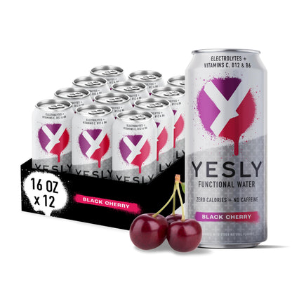Yesly Functional Water, Black Cherry, Naturally Flavored Still Water with Electrolytes, Magnesium, Potassium, Vitamin C, B6 & B1