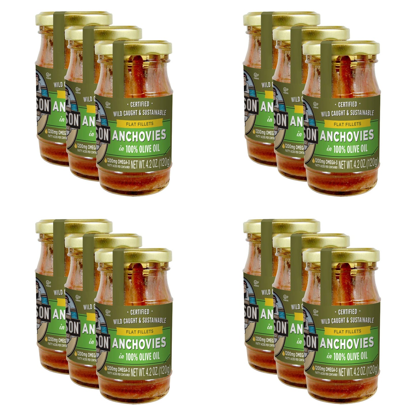 Season Anchovies In Olive Oil - Flat Anchovy Fillets, Wild Caught Fish, Canned Anchovies, Keto Snacks, Rich In B Vitamins, Low In Mercury, Kosher, Non-Gmo, 600Mg Of Omega-3-4.2 Oz Glass Jar, 12-Pack