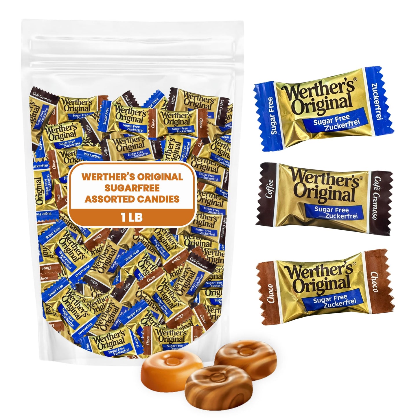 Werthers Oriflavor Blendal Hard Candy - 1Lb Variety Pack Of Individually Wrapped Sugar-Free Chocolate  Coffee & Caramel Candy  Guilt-Free Zero Sugar Snacks Perfect For Candy Dish & Holiday Gift Bag