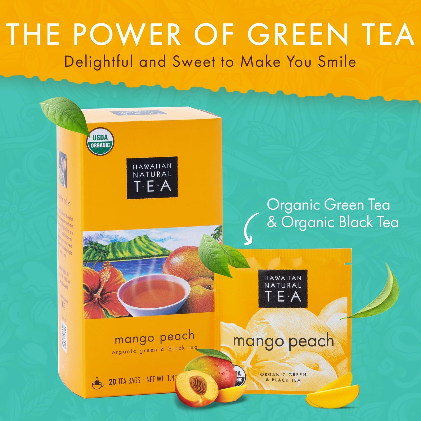 HAWAIIAN NATURAL T·E·A Mango Peach Organic Tea - Tropical Green & Black Blend - 120 Tea Bags - 20 Count (Pack of 6)