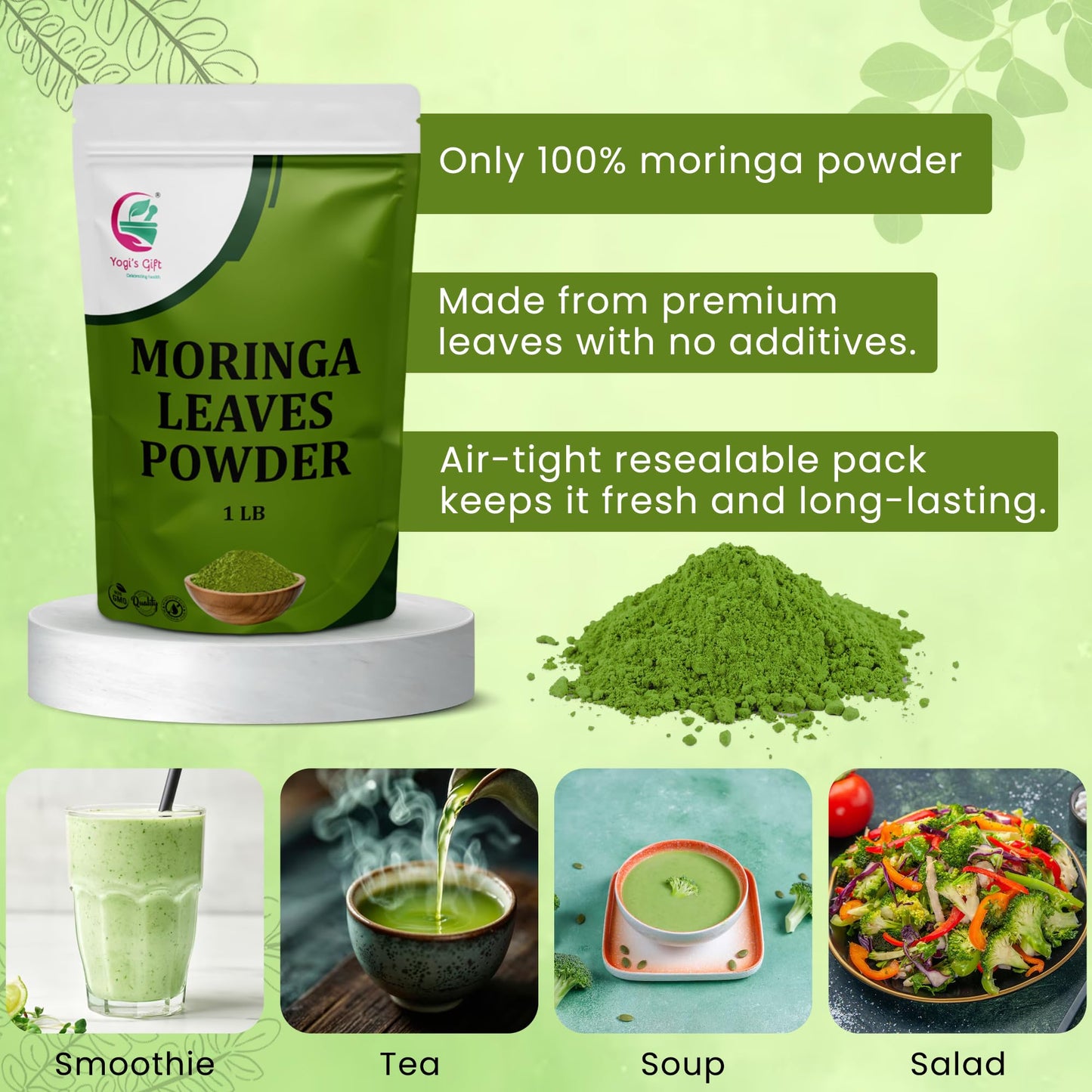 Moringa Powder 1 Lb, 100% Pure & Natural Moringa Leaf Powder, Enhanced Quality For Smoothies & Tea, Resealable Bag For Freshness - By Yogi’S Gift®