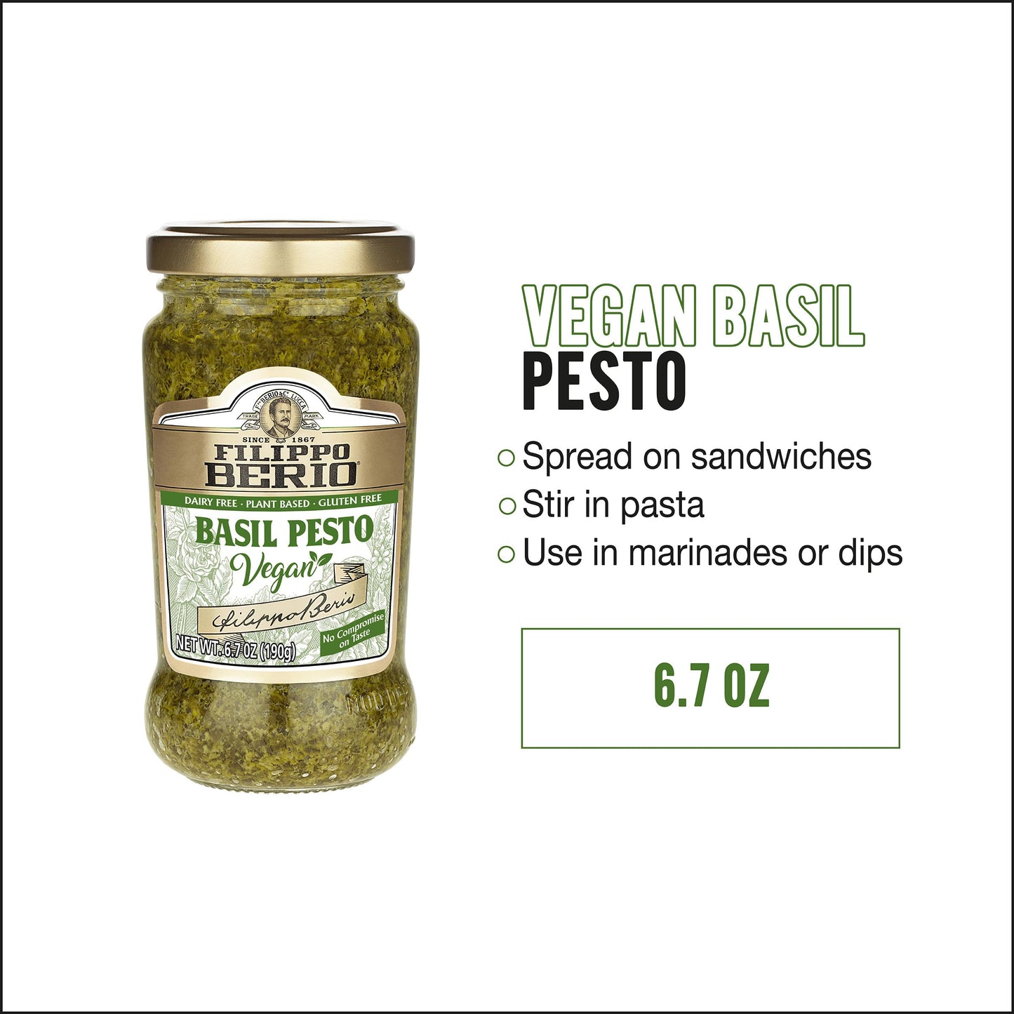 Filippo Berio Pesto, Vegan Basil, 6.7 Ounce Glass Jar, Pack of 6