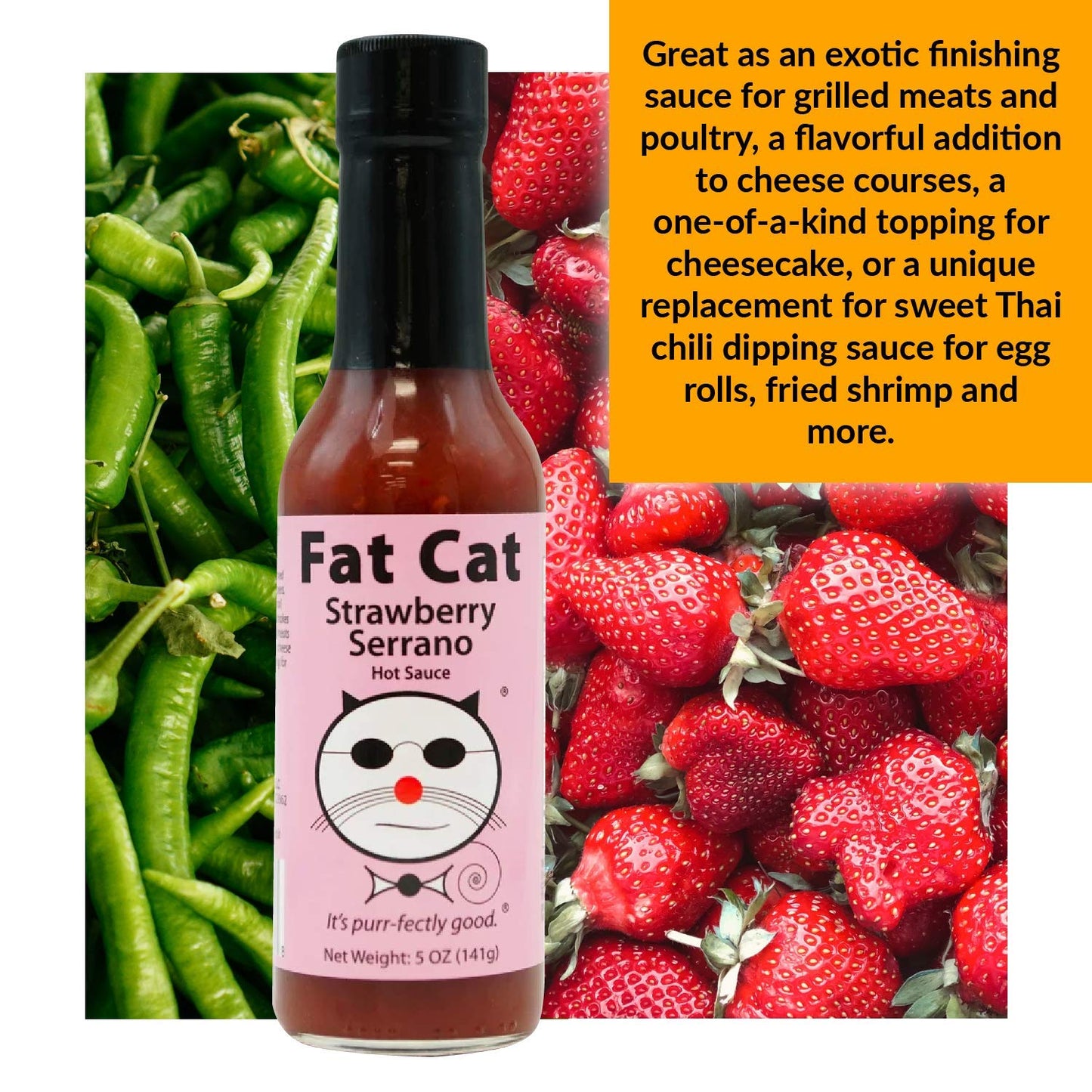 Strawberry Serrano Natural Hot Sauce by Fat Cat Gourmet | Sweet & Spicy Flavor | For Chicken, Seafood, Pork, Ham & More | Mild H
