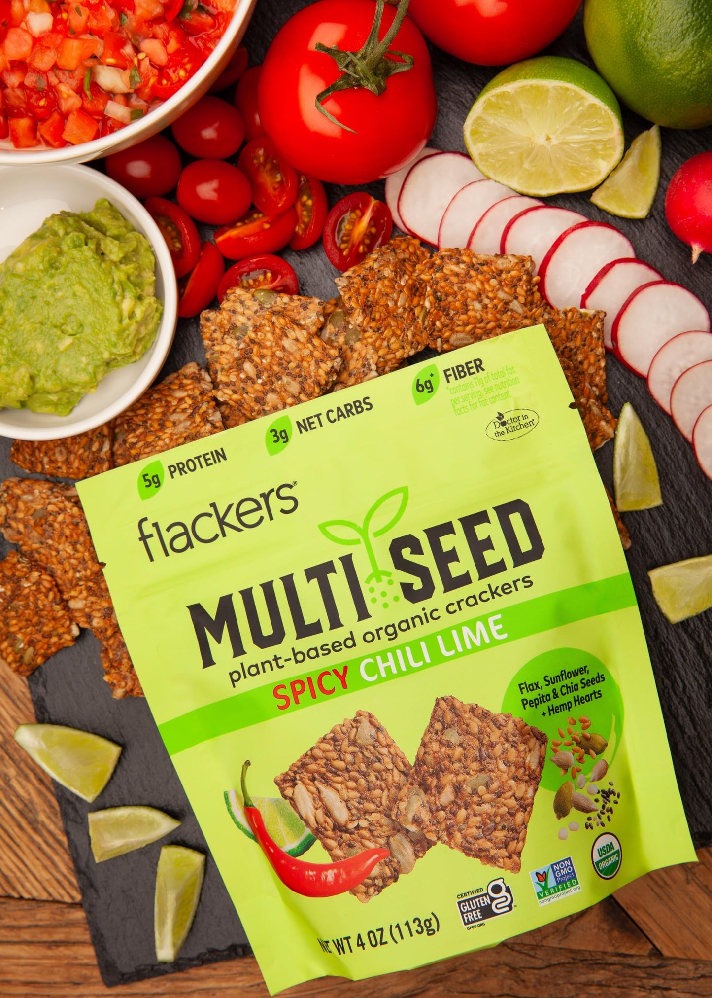 Flackers Organic Spicy Chili Lime Multi-Seed Crackers, 4 Ounce 6-Pack, Gluten Free, Non Gmo, Vegan, Keto Snack, 5G Protein, 6G F