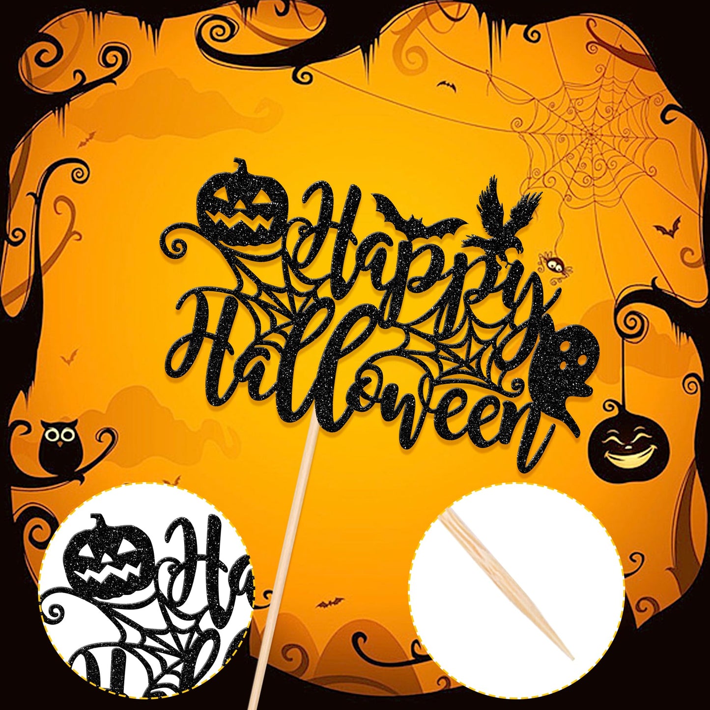 1 Pcs Happy Halloween Cake Topper Black Glitter Spider Web Pumpkin Bat Ghost Halloween Cake Pick Halloween Cake Decoration For H