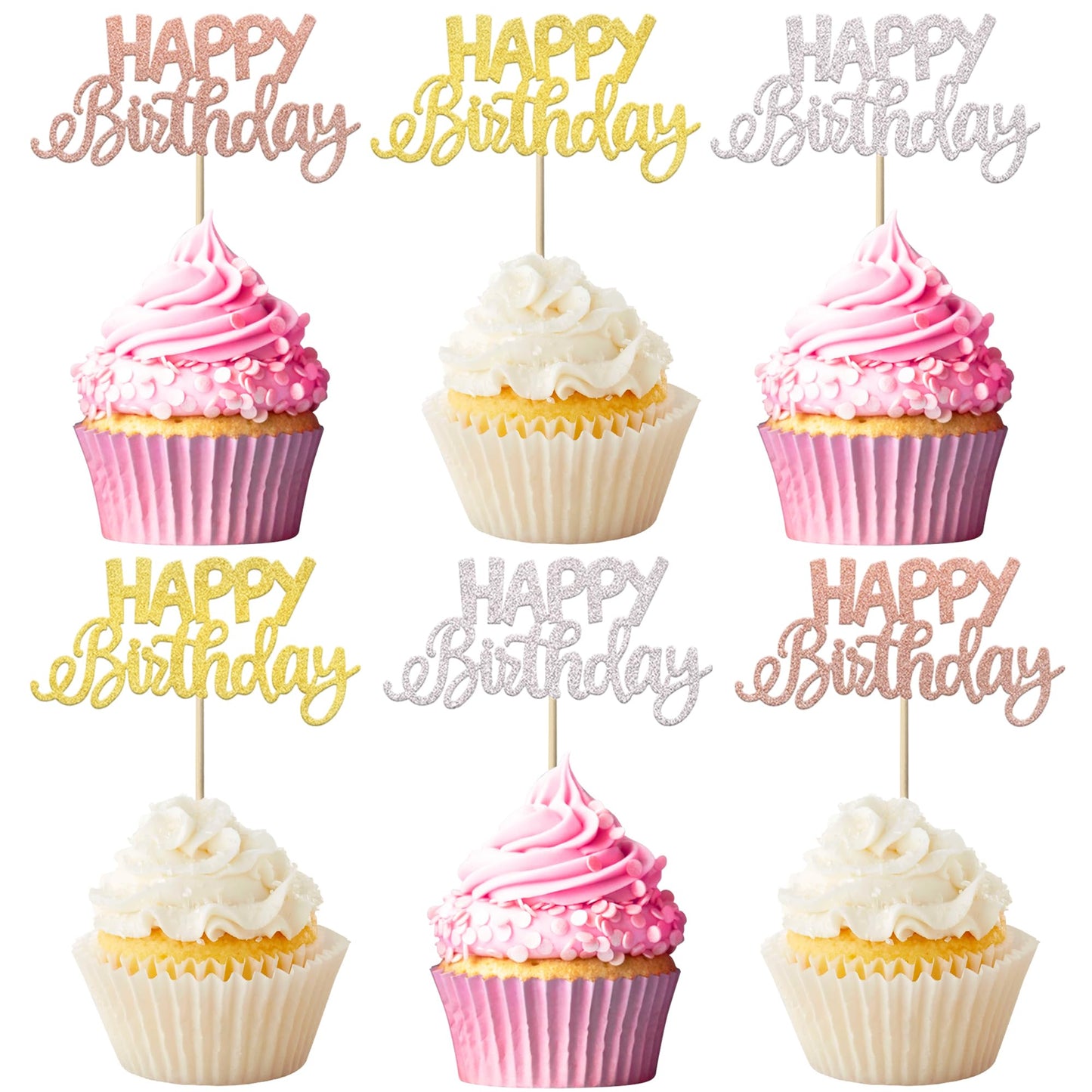 YCTHUNFISH 24 Pack Cupcake Toppers, Glitter Birthday Picks, Baby Shower Decorations, Colorful Bamboo, Gold Accent