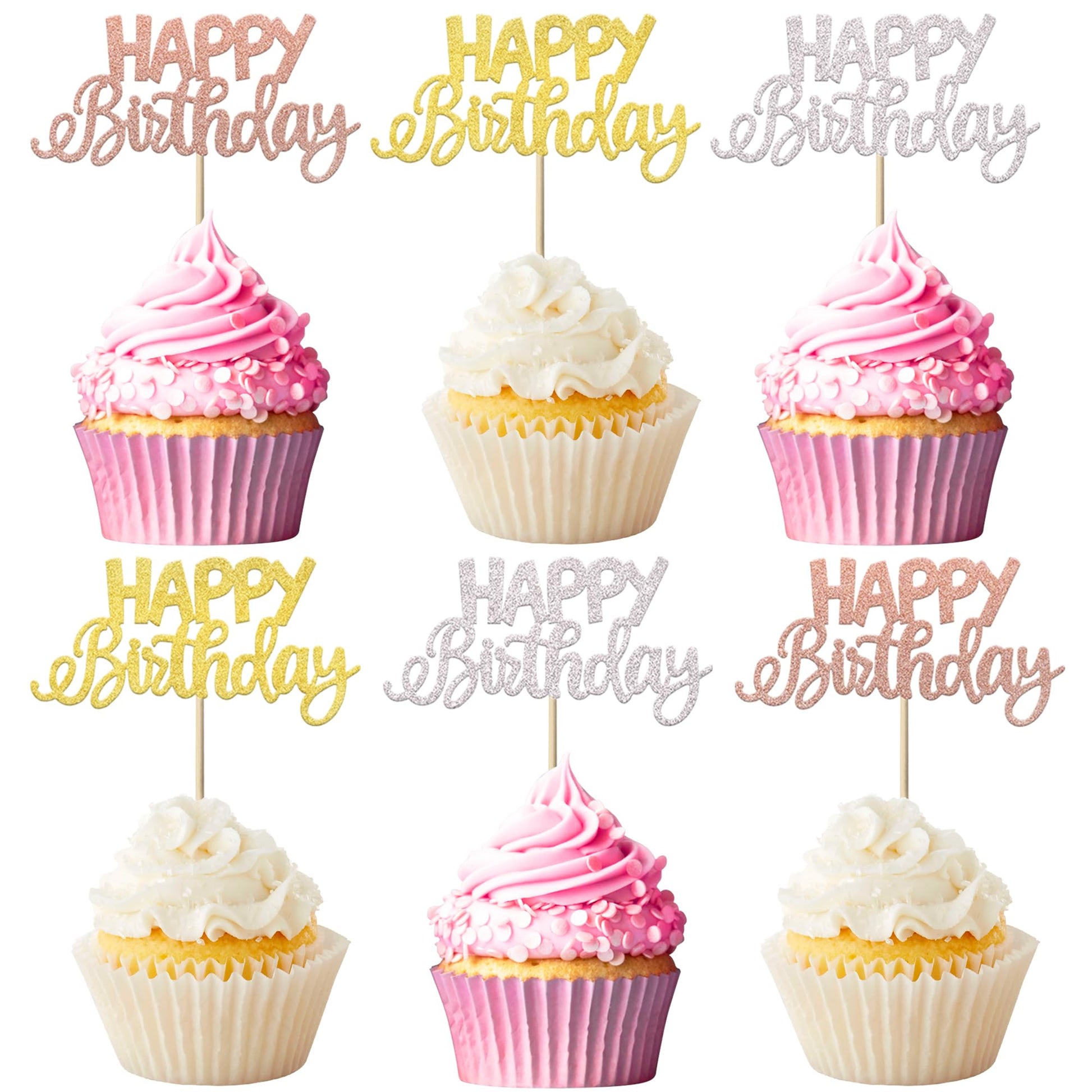 YCTHUNFISH 24 Pack Cupcake Toppers, Glitter Birthday Picks, Baby Shower Decorations, Colorful Bamboo, Gold Accent
