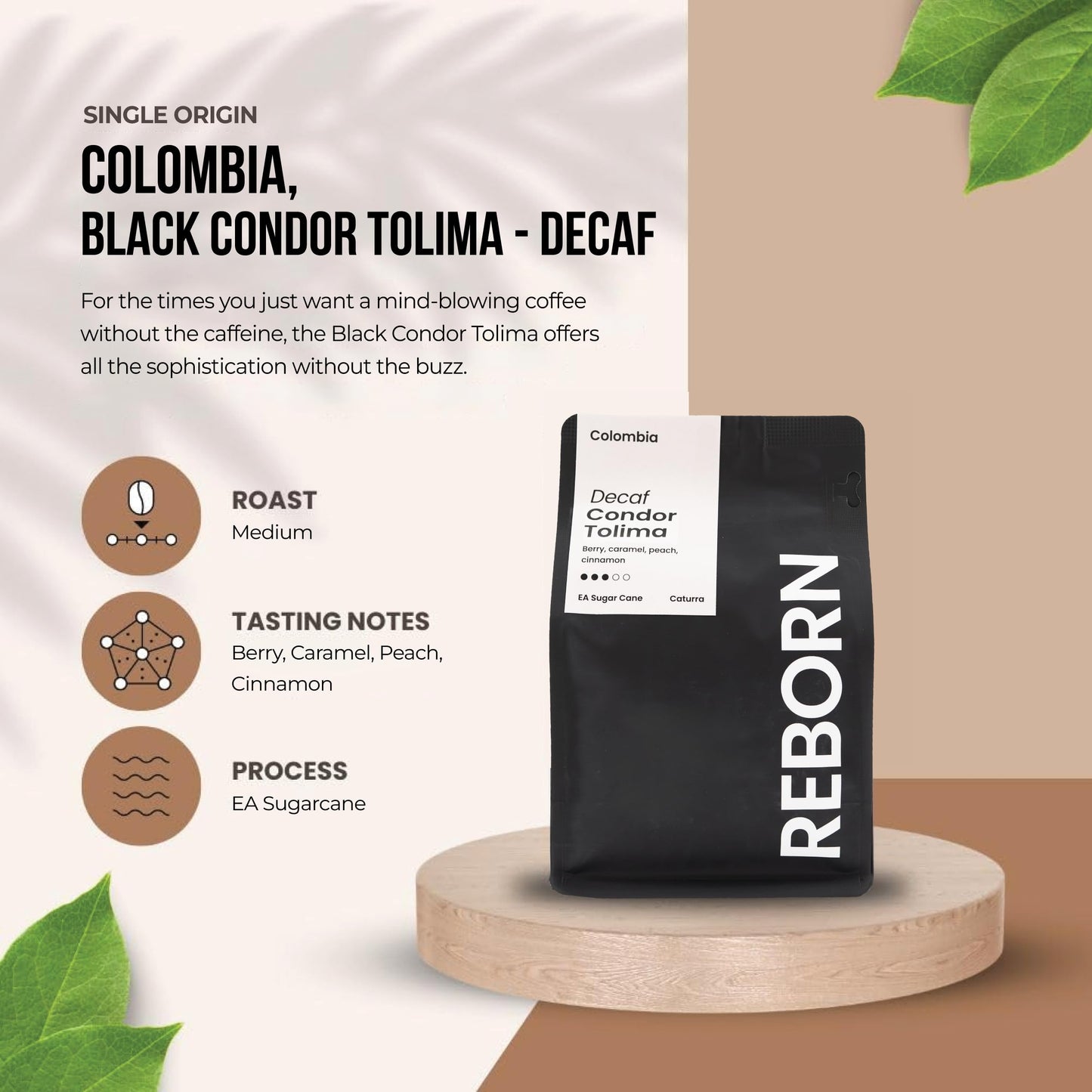 Reborn Coffee Whole Bean Decaf Coffee, Medium Roast, 12 Ounce, Flavor Notes of Berry, Caramel, Peach, and Cinnamon