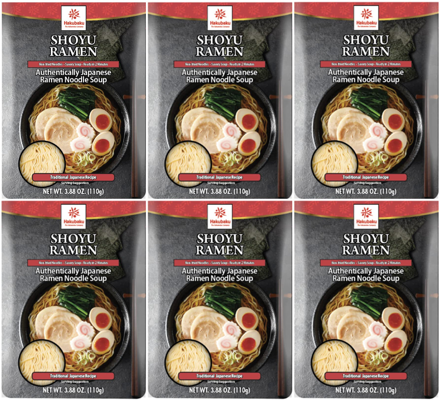 Hakubaku Japanese Ramen Noodle Soup, SHOYU, 3.88oz (Pack of 6), Authentic Japanese ramen non-fried & soft noodles, shelf-stable