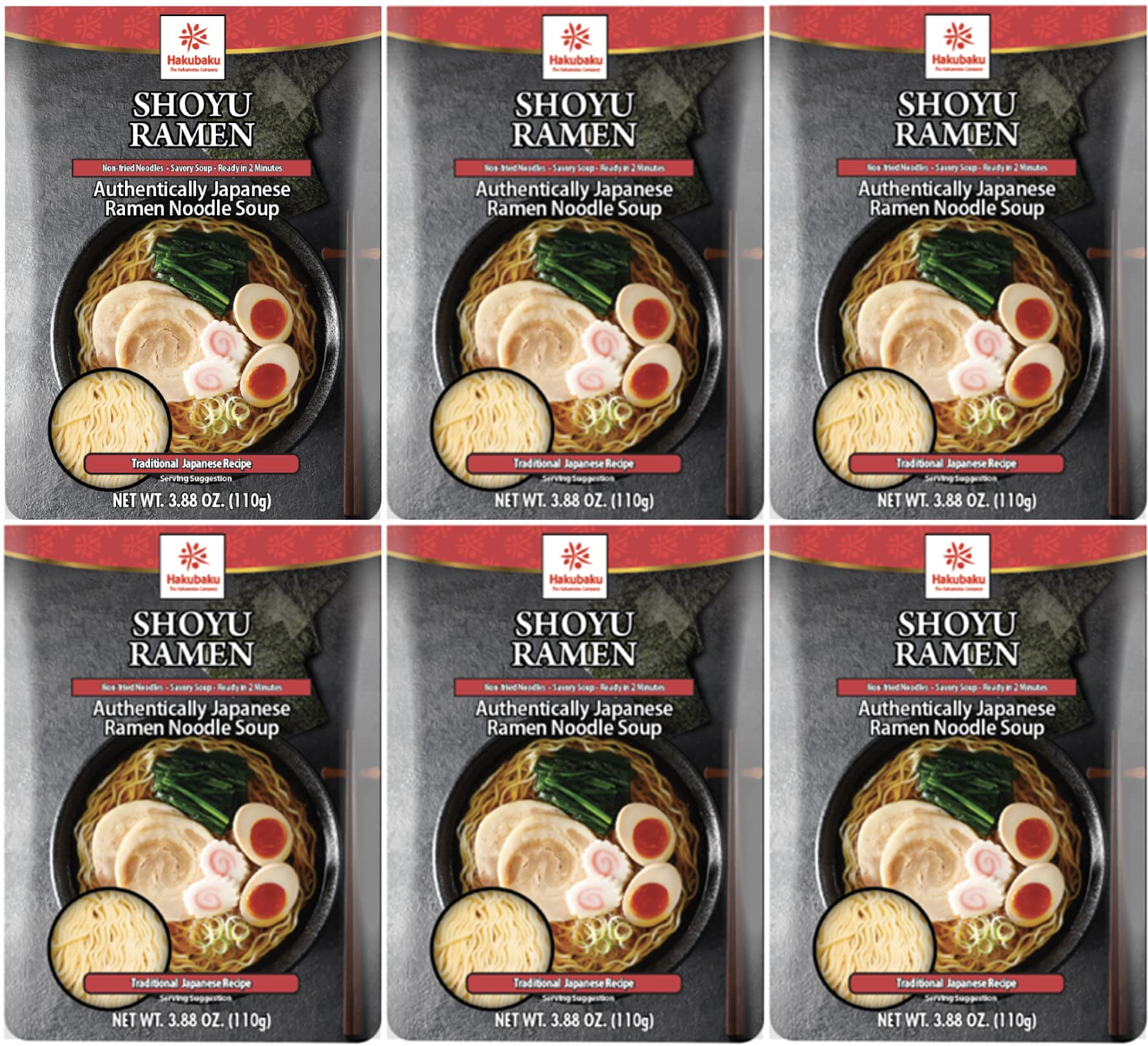 Hakubaku Japanese Ramen Noodle Soup, SHOYU, 3.88oz (Pack of 6), Authentic Japanese ramen non-fried & soft noodles, shelf-stable