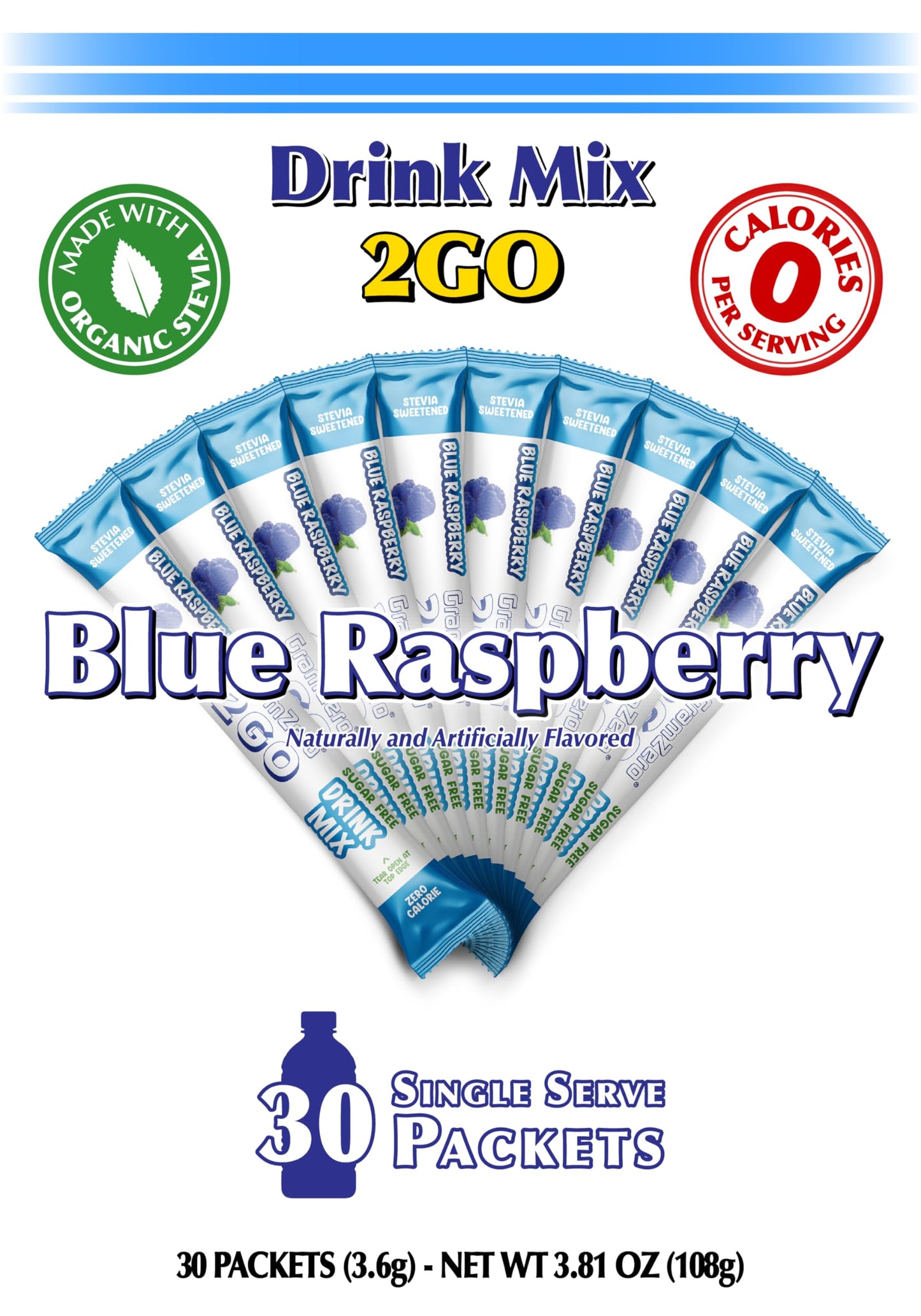 Gramzero 2Go Sticks - Blue Raspberry, Zero Calorie Sugar Free Drink Mix, Stevia Sweetened, Great For Nutrition Club Loaded Tea T