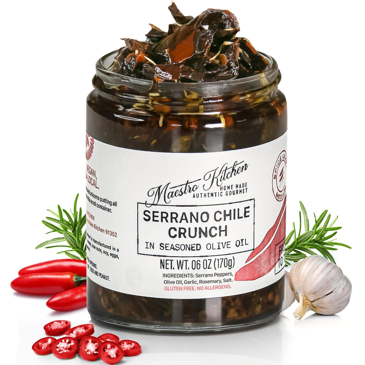 Spicy Serrano Pepper Chile Crunch Crisp 6Oz 2 Pack - All Natural Chili Oil Hot Sauce W/ 100% Olive Oil, Garlic & Rosemary - Crun
