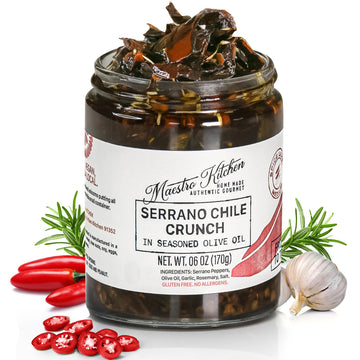 Spicy Serrano Pepper Chile Crunch Crisp 6Oz 2 Pack - All Natural Chili Oil Hot Sauce W/ 100% Olive Oil, Garlic & Rosemary - Crun