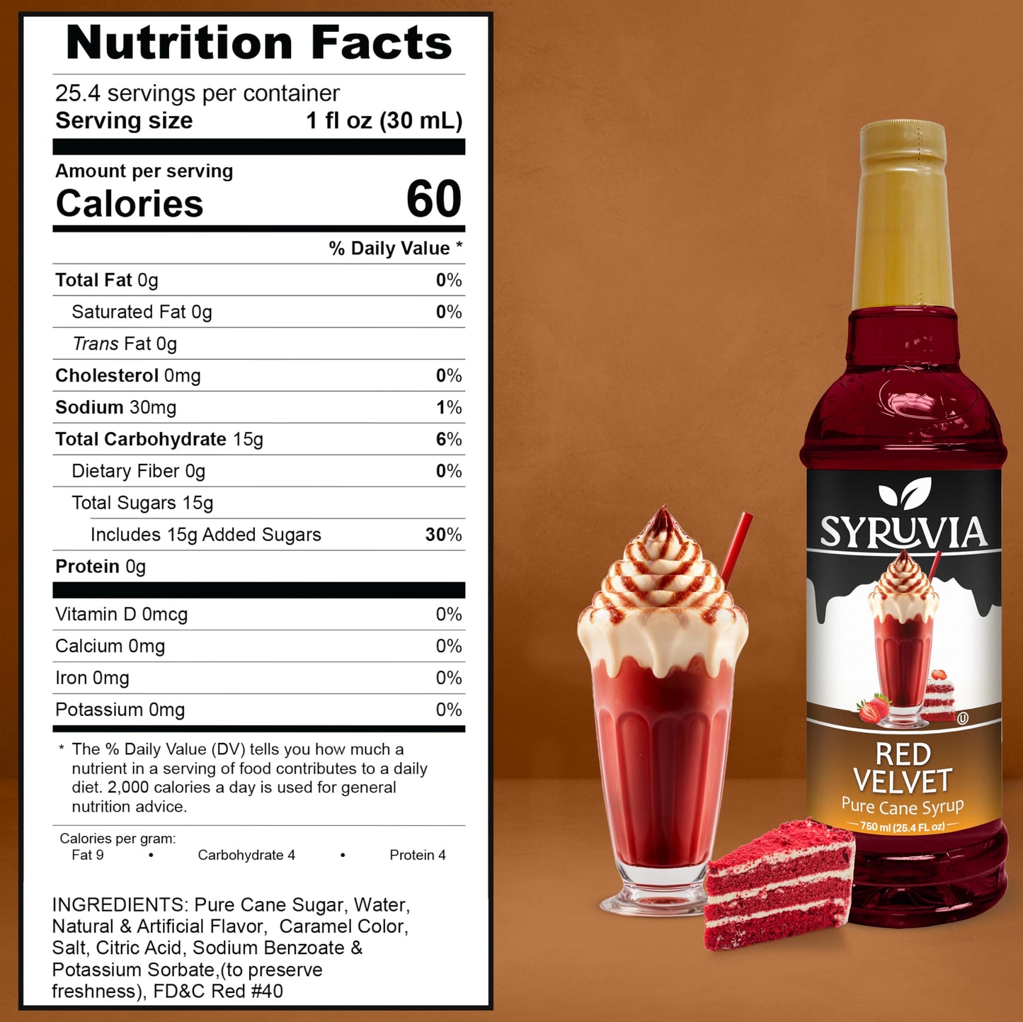 Syruvia Red Velvet Coffee Syrup - 25.4 Fl Oz Premium Coffee Flavoring Syrup - Kosher Coffee Syrups, Gluten Free, No Coloring, Pe