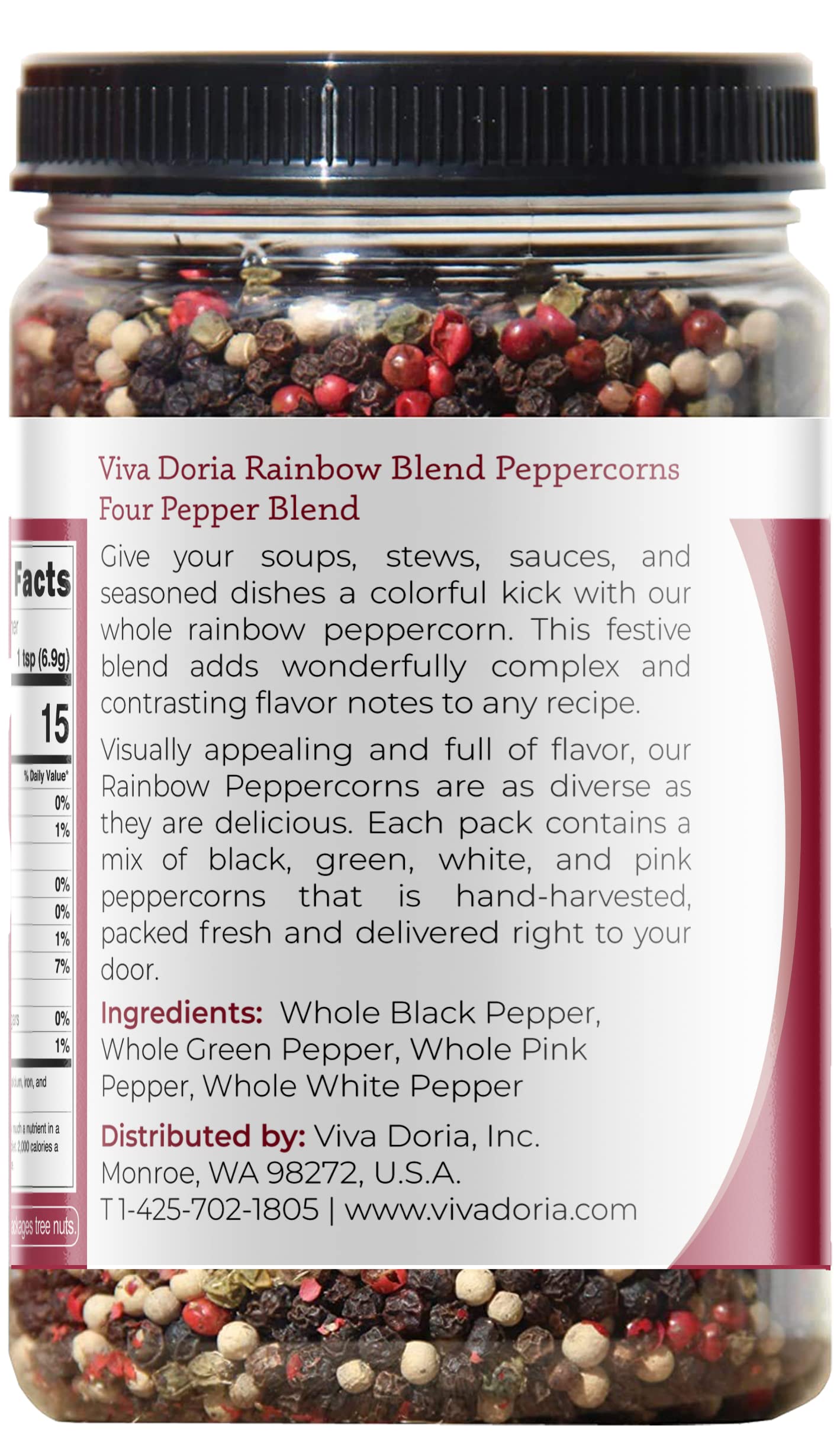Viva Doria Rainbow Blend Peppercorn, Steam Sterilized Whole Black/Green Pepper, Whole Pink/White Pepper, 16 Oz, For Grinder Refills