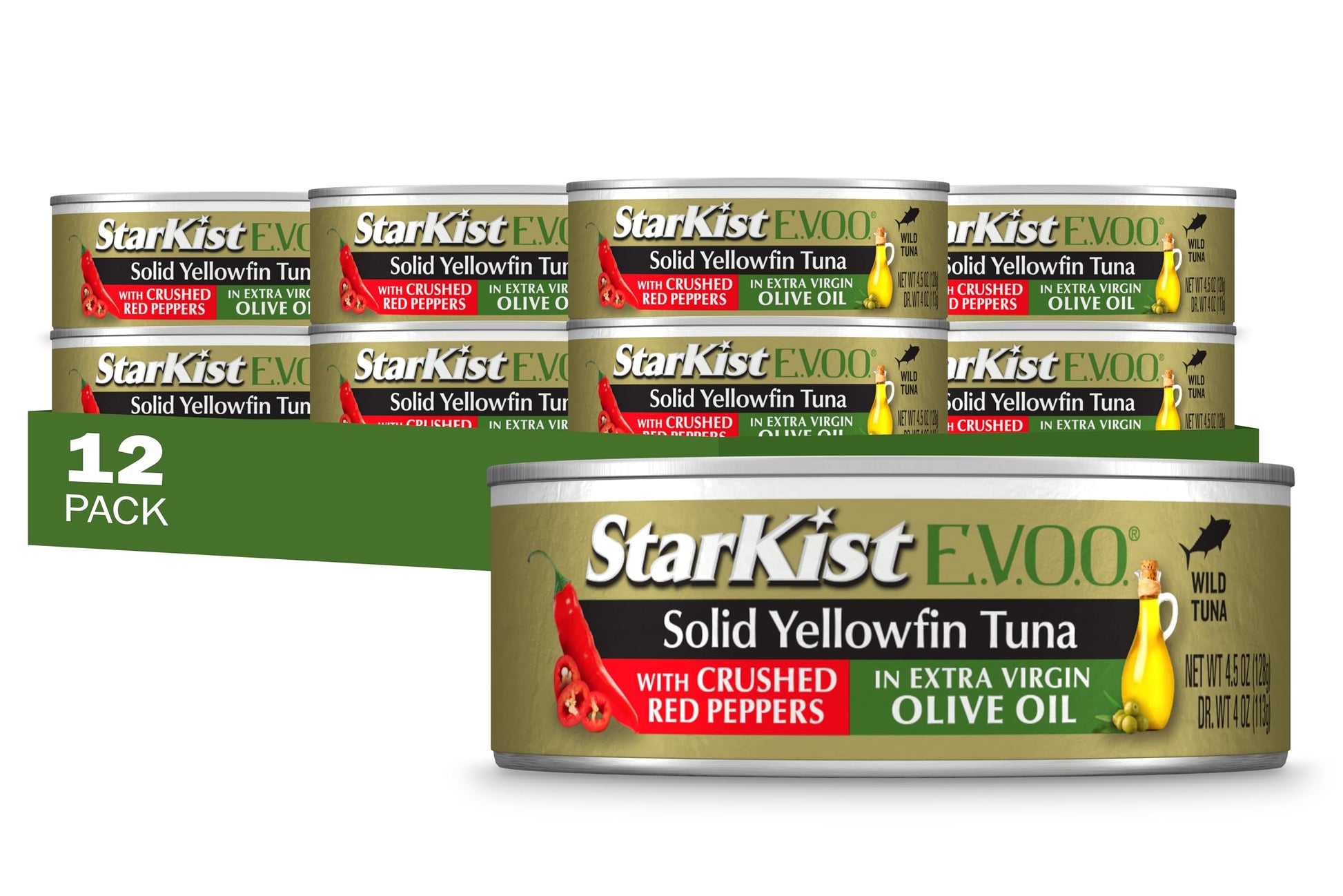 StarKist E.V.O.O. Solid Yellowfin Tuna with Crushed Red Peppers and Extra Virgin Olive Oil, 4.5 oz Can, Pack of 12