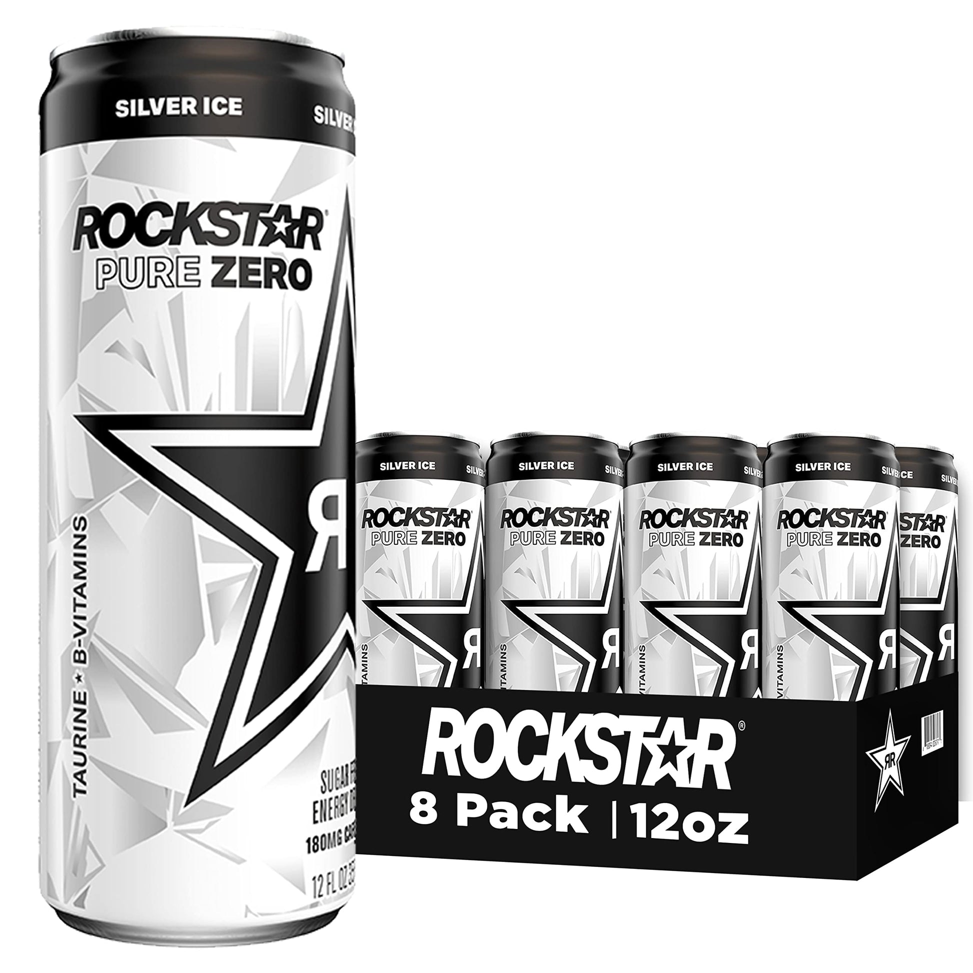 Rockstar Energy Drink Pure Zero Silver Ice, 12 Fl Oz Sleek Cans, Pack of 8