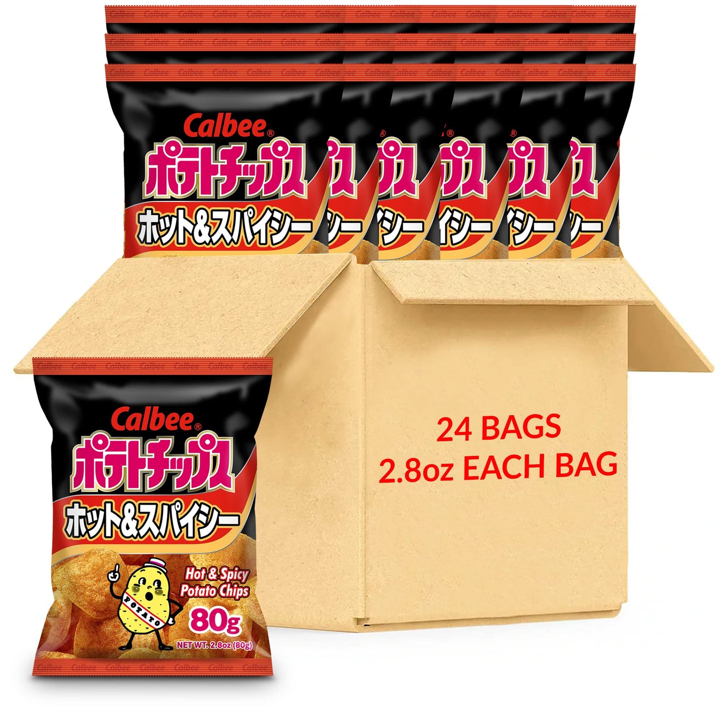 Calbee Potato Chips, Hot & Spicy Flavor, 2.8 oz, 24 Pack