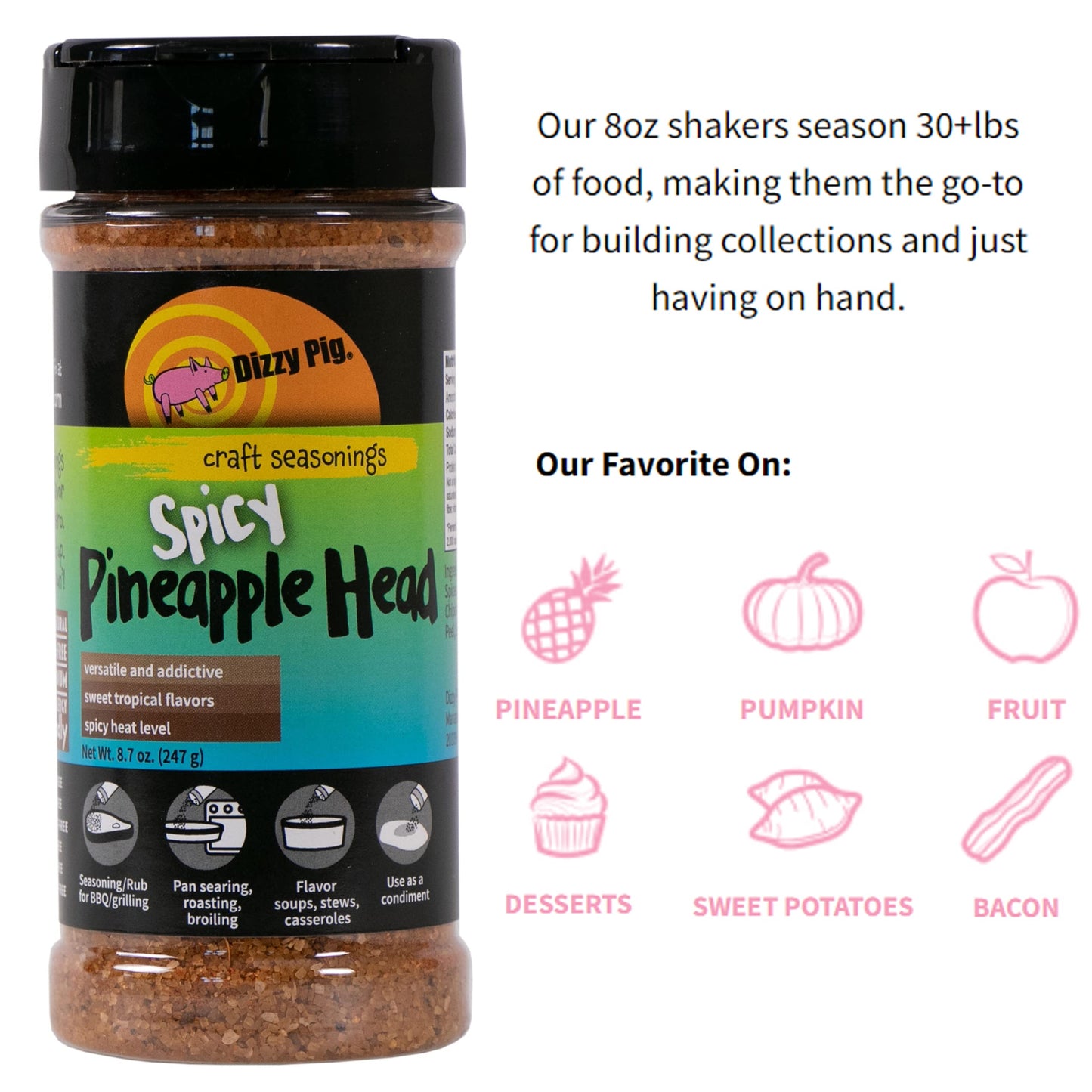 Dizzy Pig Spicy Pineapple Head Tropical Seasoning Rub, 8oz Shaker, Hand Made in the USA, MSG Free, Gluten Free