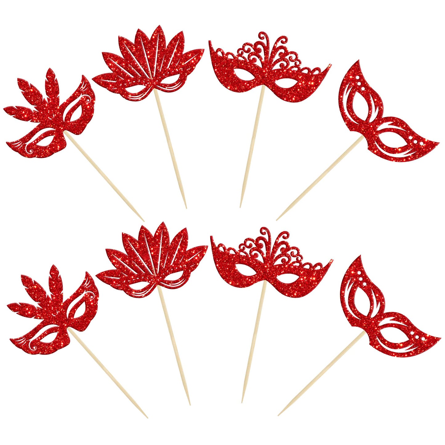 24Pcs Masquerade Masks Cupcake Toppers Red Glitter Mask Cupcake Picks For Masquerade Mardi Gras Party Baby Shower Birthday Weddi