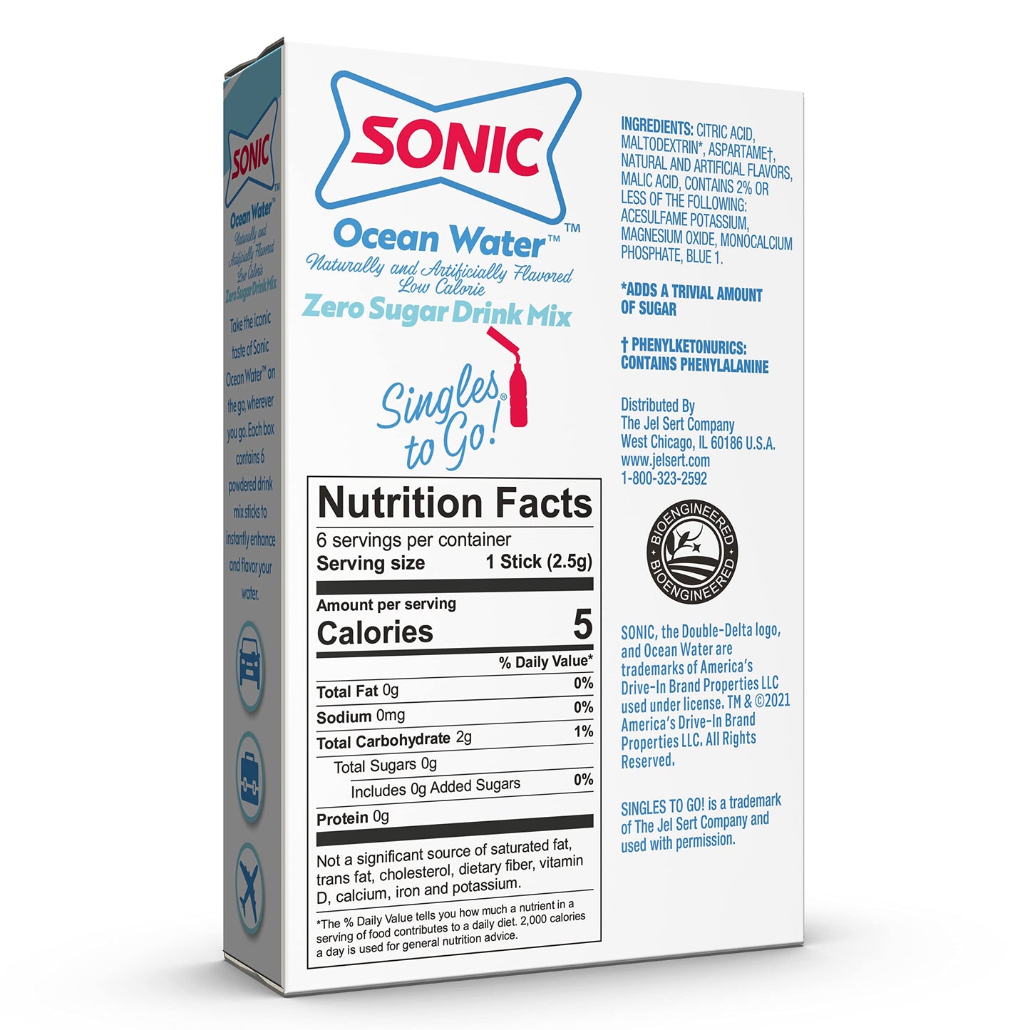Sonic Singles to Go Powdered Drink Mix, Ocean Water, 6 Sticks per Box, 6 Boxes included (36 Sticks Total)