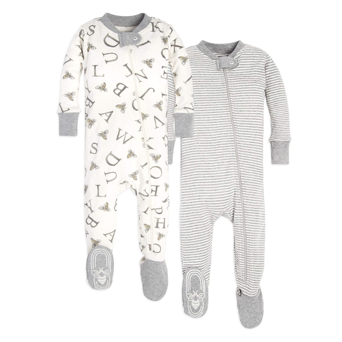 Burts Bees Baby Baby Boys Unisex Pajamas, Zip-Front Non-Slip Footed Pjs, Organic Cotton And Toddler Sleepers, A Bee Cstripe 2-Pk