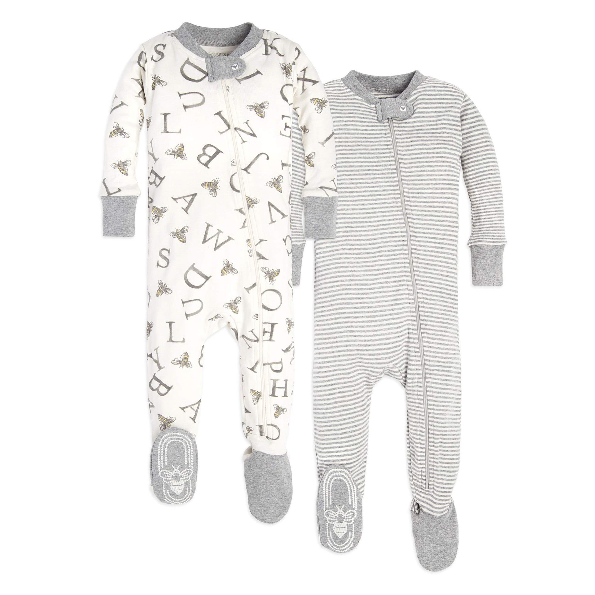 Burts Bees Baby Baby Boys Unisex Pajamas, Zip-Front Non-Slip Footed Pjs, Organic Cotton And Toddler Sleepers, A Bee Cstripe 2-Pk