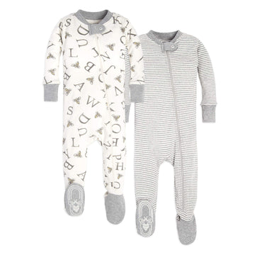 Burts Bees Baby Baby Boys Unisex Pajamas, Zip-Front Non-Slip Footed Pjs, Organic Cotton And Toddler Sleepers, A Bee Cstripe 2-Pk