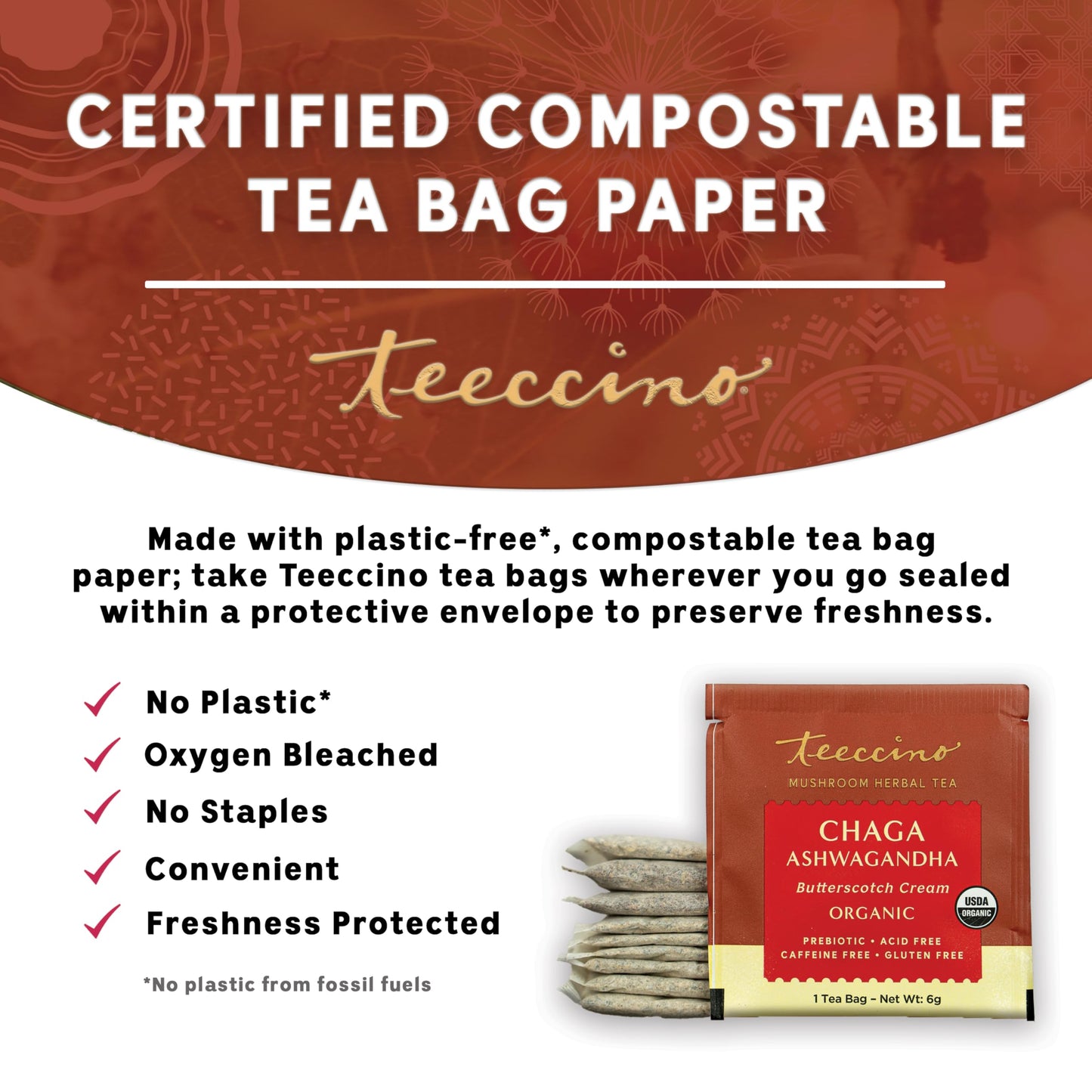 Teeccino Chaga Ashwagandha Tea - Butterscotch Cream - Organic Herbal Tea, Caffeine-Free, 25 Count, Gluten-Free