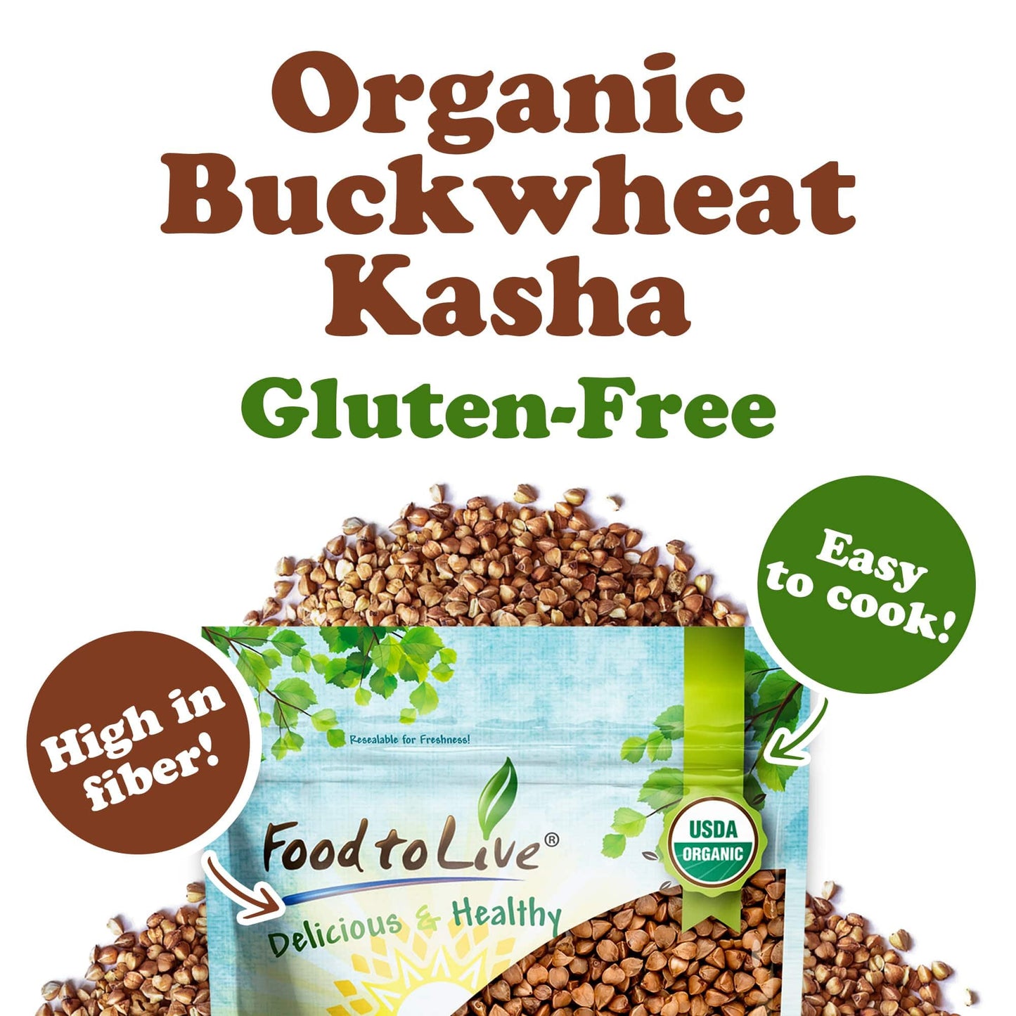 Food to Live Gluten Free Organic Roasted Buckwheat Kasha, 5 Pounds - Non-GMO Whole Groats. Quick-Cooking. Good Source of Fiber,