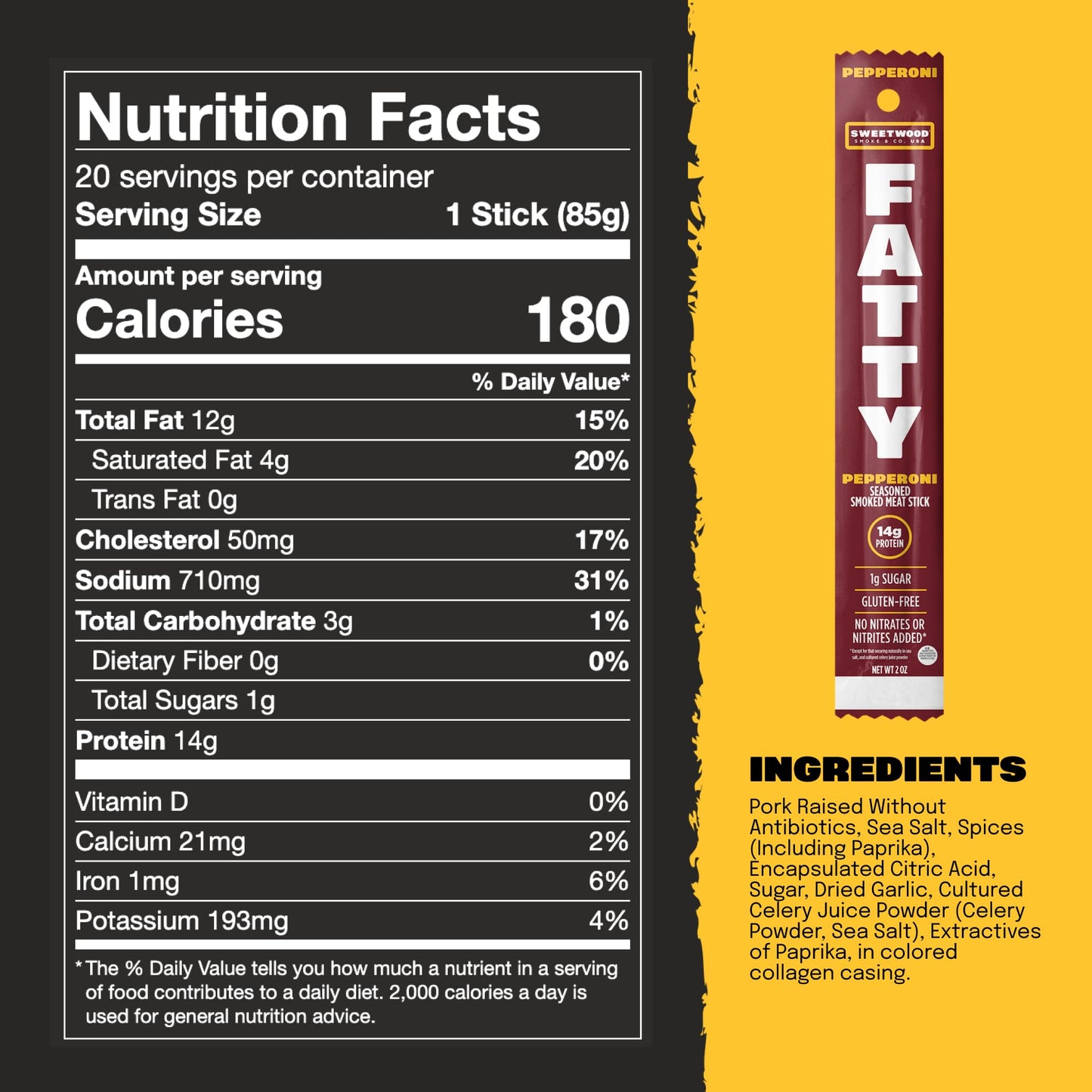 American Made Sweetwood Smokehouse FATTY Meat Sticks, Grass-Fed Beef, High Protein Snack, 2 Ounce (Pack of 20), Gluten Free