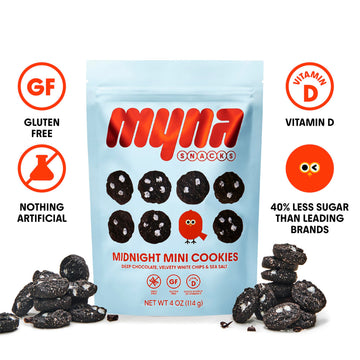 Myna Snacks Midnight Mini Cookies - Gluten Free, Dairy Free, Chocolate with White Chips, 4oz Bags, Pack of 4