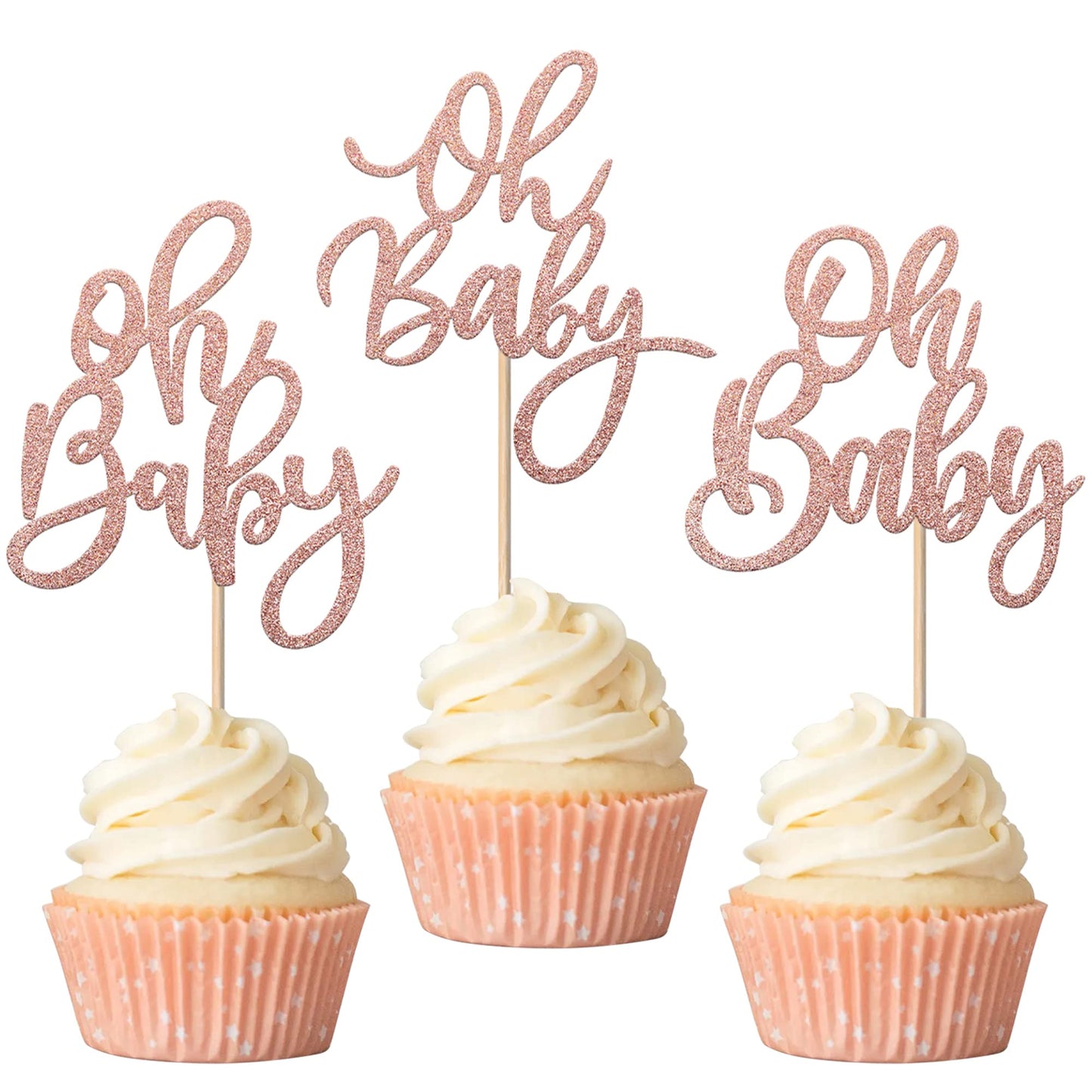 Rsstarxi 24 Pack Oh Baby Cupcake Toppers Glitter Gender Reveal Baby Shower Cupcake Picks For Baby Shower Party Cake Decorations Supplies Rose Gold