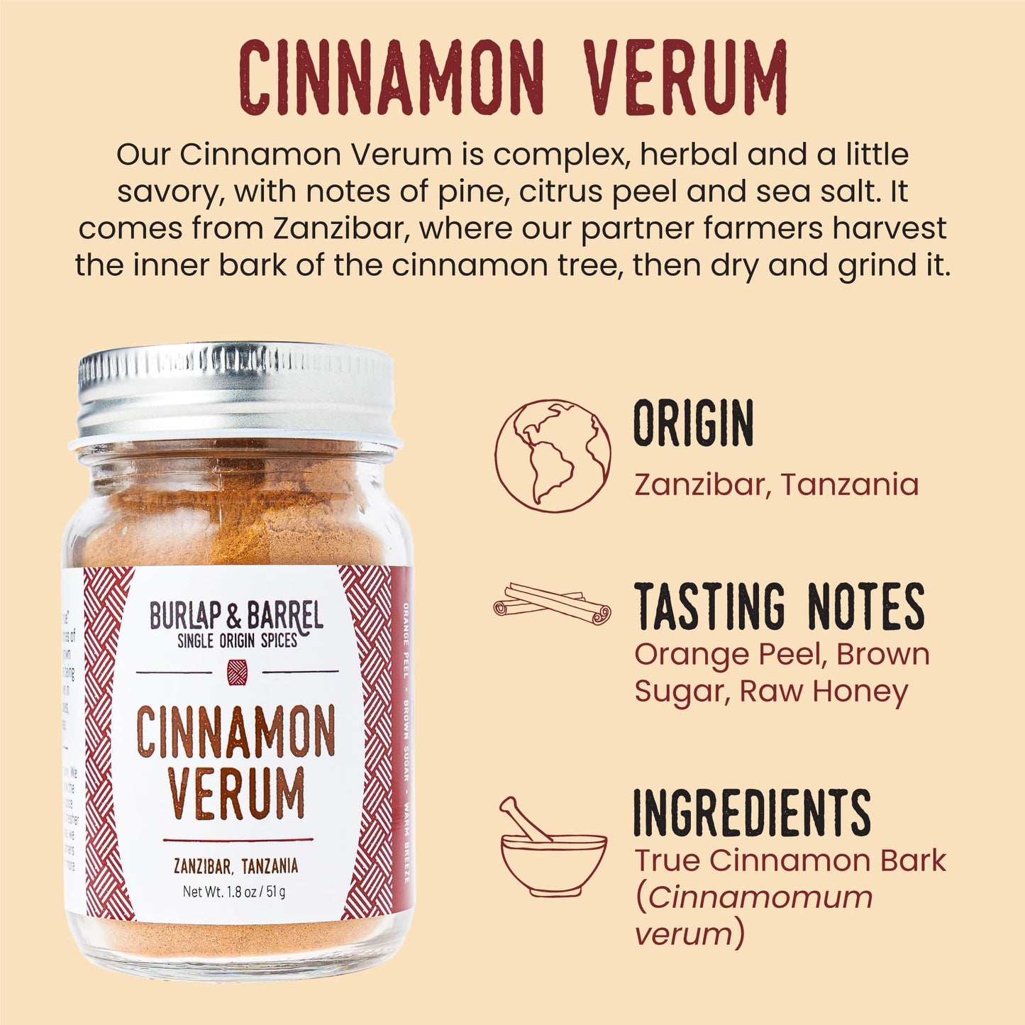 Burlap & Barrel Ground Ceylon Cinnamon Powder, 1.8oz Glass Jar, with Pine, Citrus Peel, and Sea Salt Notes