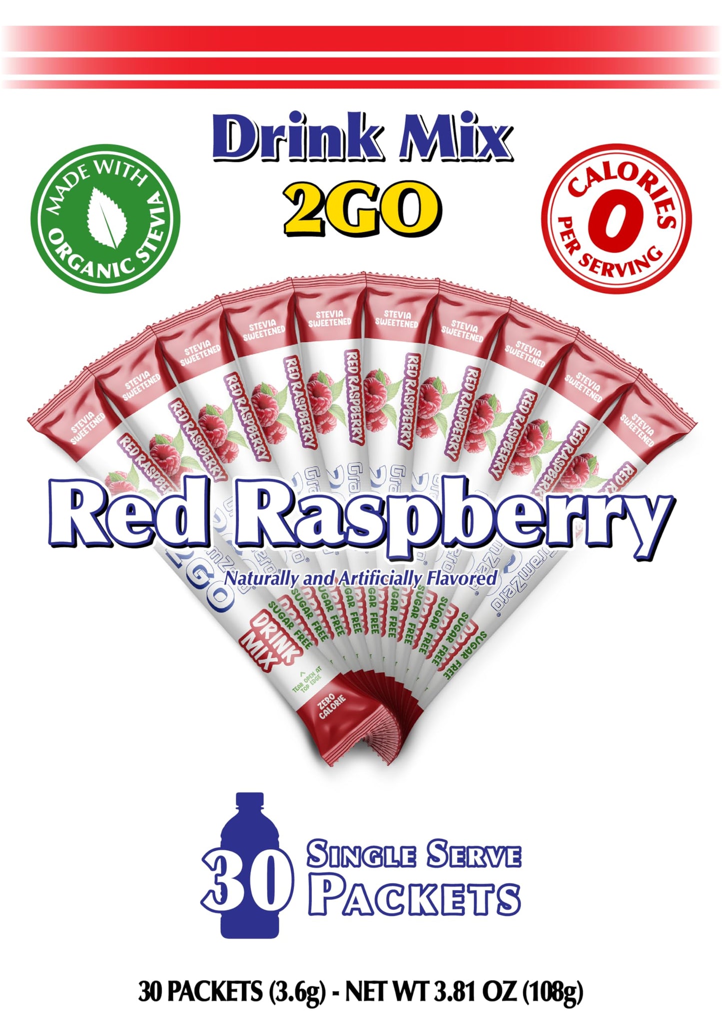 Gramzero 2Go Sticks - Red Raspberry, Zero Calorie Sugar Free Drink Mix, Stevia Sweetened, Great For Nutrition Club Loaded Tea To