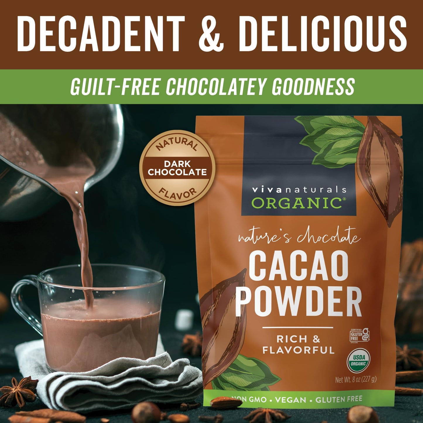 Viva Naturals Organic Cacao Powder  8 oz - Unsweetened Cocoa Powder With Rich Dark Chocolate Flavor  Perfect for Baking & Smoothies - Certified Vegan  Keto & Paleo  Non-GMO & Gluten-Free  227 g