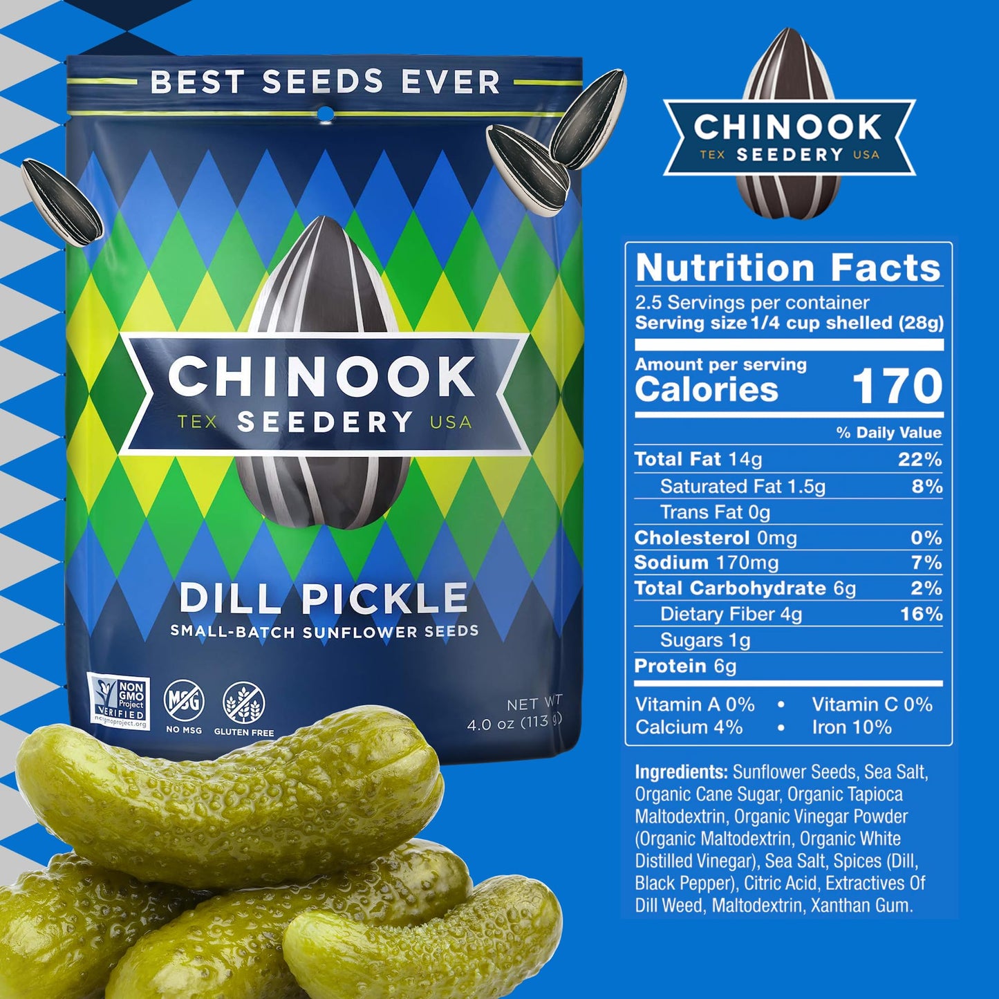 Chinook Seedery Roasted Jumbo Sunflower Seeds - Keto Snacks, Gluten-Free, Non-GMO, Dill Pickle Flavor 4 oz (12-Pack)