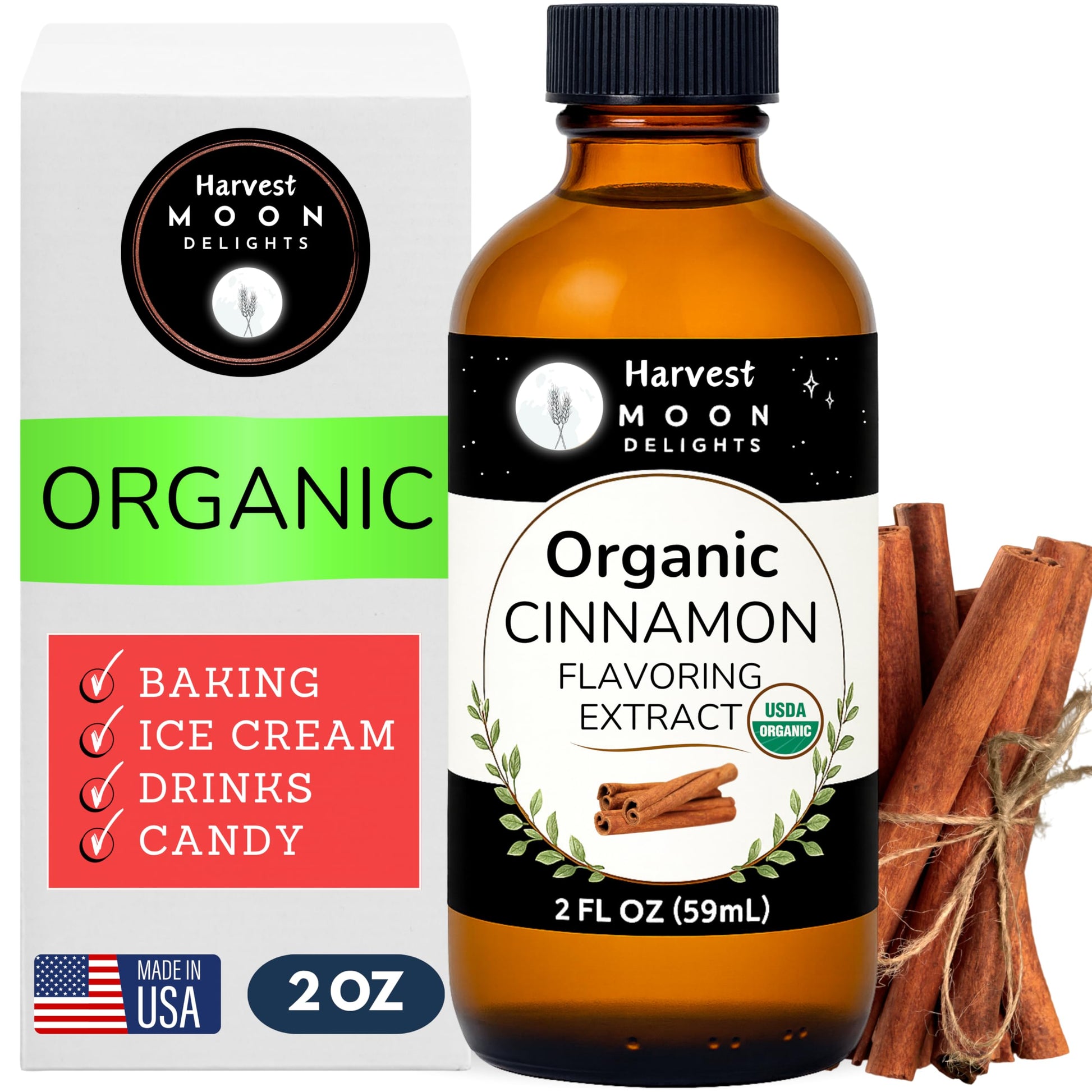Organic Cinnamon Flavoring Extract For Baking, Ice Cream, Drinks, And Candy - 2 Oz - Water-Soluble - By Harvest Moon Delights - Pure Cinnamon Extract, Flavoring, Flavor