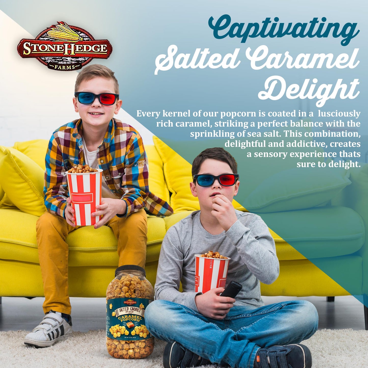 Stonehedge Farms Salted Caramel Flavored Popcorn - 32 Oz Large Tub - Bulk Gourmet Deliciously Old Fashioned Popped Sweet Snacks