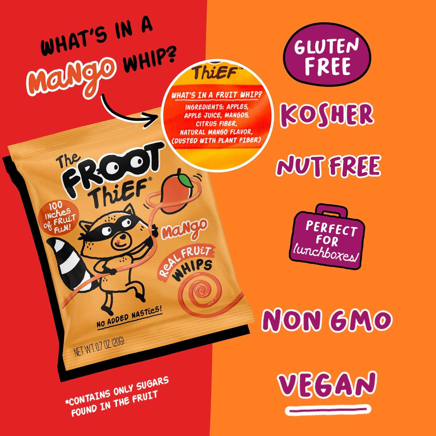 The Froot Thief Real Fruit Snack Whips, Nut Free, Perfect For School Lunches, Individual Bags For Kids, Mango 24 Pack